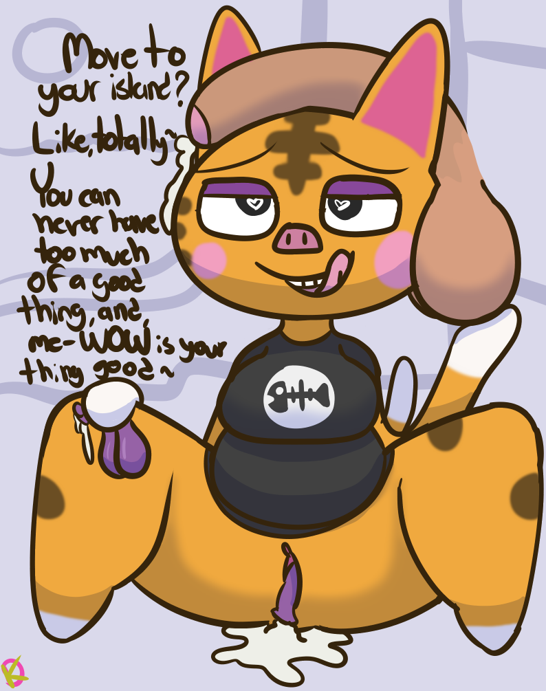 2022 animal_crossing anthro balls condom_in_pussy filled_condom heart-shaped_pupils klutzatdusk licking_lips nintendo penis penis_on_head pussy spread_legs tabby_(animal_crossing) used_condom