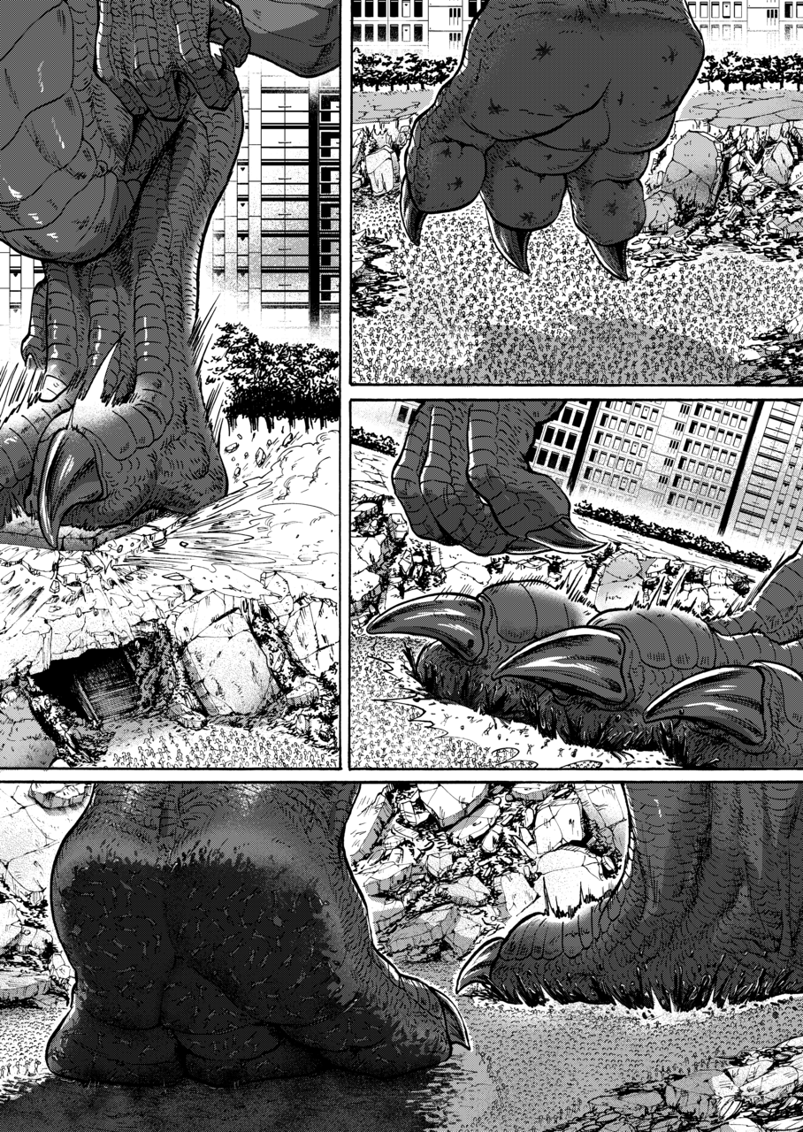 2022 3_toes ambiguous_gender barefoot blood blood_on_foot blood_on_ground blood_pool blood_splatter blood_stain bodily_fluids comic crowd crush death feet foot_focus godzilla_(series) greyscale group hi_res macro mass_death monochrome raised_foot soles stomping stuck_to_foot tatugon toes toho zilla