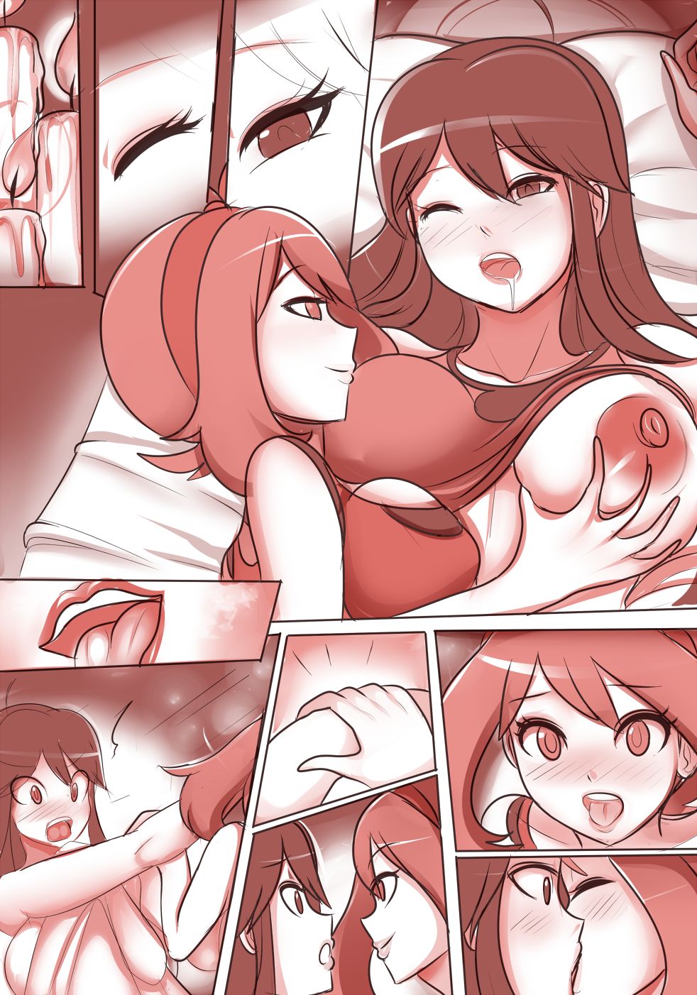 2girls, areola, areolae, bed, big breasts, blush, breast fondling, breast grab, breasts, candle, closed eyes, clothed, color, comic, comic page, cushion, drool, drooling, female, female only, fondling, fondling breast, game freak, half-closed eyes, kissing, leaf (pokemon), lying on back, lying on bed, may (pokemon oras), may (pokemon), molestation, monochrome, nintendo, nipples, one breast out, one eye closed, open mouth, panels, pokemon, pokemon oras, red theme, revolverwingstudios, shirt, shirt up, shocked, shocked expression, sleep molestation, sleeping, tagme, tongue, tongue out, yuri