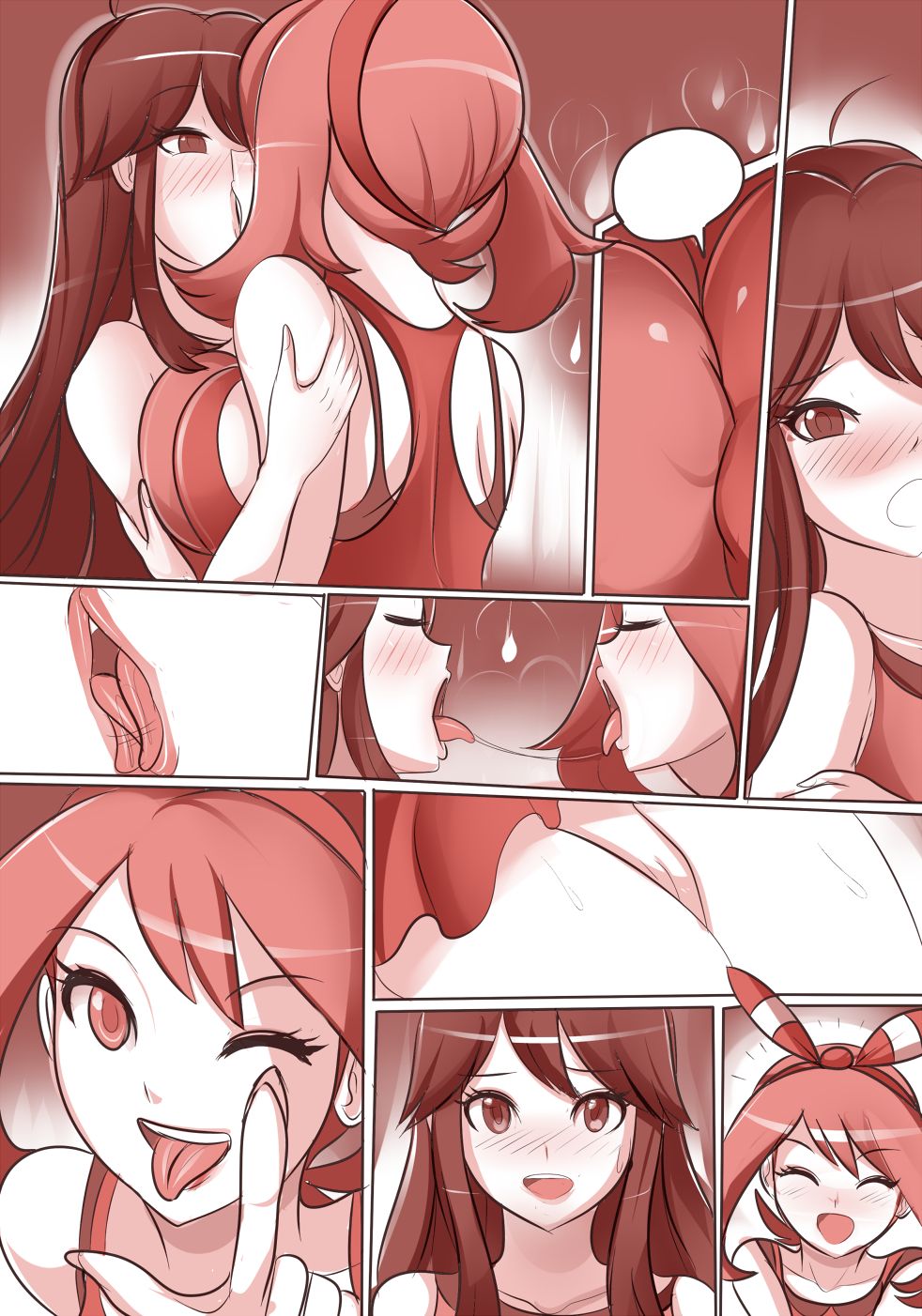 2girls, blush, breast press, breast to breast, breasts, closed eyes, clothed, clothing, color, comic, comic page, digital drawing (artwork), digital painting (artwork), eyebrows visible through hair, eyelashes, female, female only, game freak, kissing, leaf (pokemon), long hair, may (pokemon oras), may (pokemon), monochrome, nintendo, one eye closed, open mouth, panels, pokemon, pokemon oras, red theme, revolverwingstudios, saliva, saliva string, saliva trail, tongue, tongue kiss, tongue out, wink, yuri