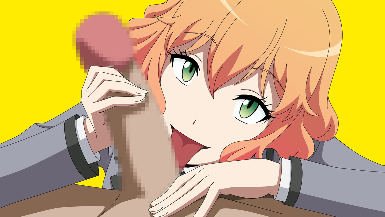 1boy, 1girls, assassination classroom, atelier gons, censored, dark penis, dark-skinned male, female, green eyes, handjob, imminent oral, kurahashi hinano, licking, licking penis, light skin, light-skinned female, male, orange hair, orange-haired female, penis, penis lick, pov, pov eye contact, school uniform, short hair