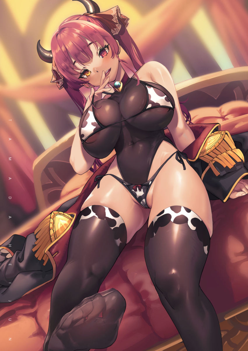 :d, animal print, areola slip, bangs, big breasts, bikini, black thighhighs, breasts, coat, cow print, epaulettes, female, heterochromia, highres, hololive, hololive fantasy, hololive japan, horns, houshou marine, large breasts, leotard, looking at viewer, narrow waist, navel, off shoulder, open mouth, purple hair, red eyes, see-through, sitting, smile, solo, swimsuit, tamada heijun, teeth, thighhighs, twintails, virtual youtuber, yellow eyes