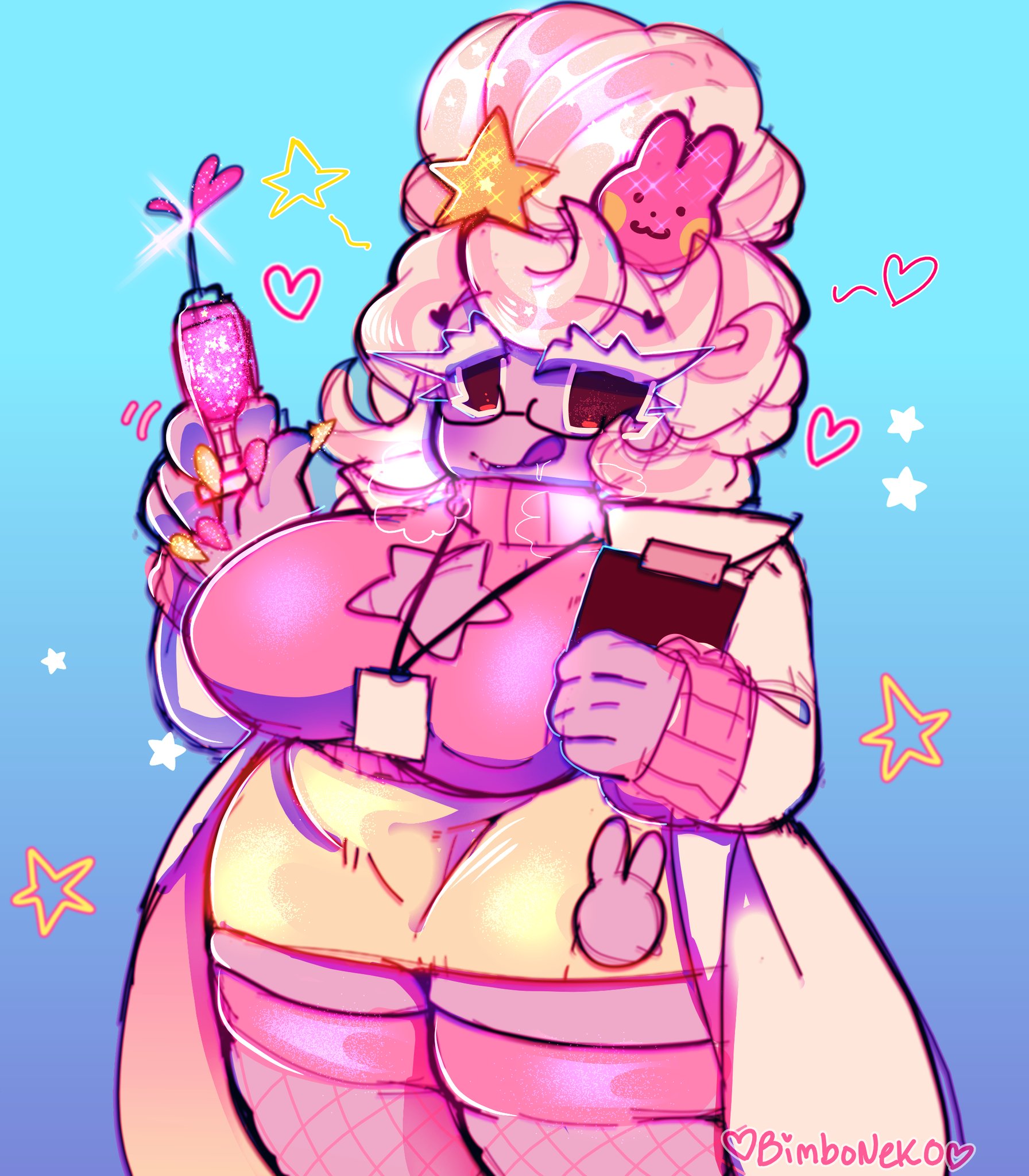 <3, 1girls, 5 fingers, big breasts, bimboneko, blue background, blush, boob window, breasts, chubby, cleavage, cleavage cutout, clipboard, clothed, clothing, coat, cookie run, cute, doctor, drooling, eyelashes, eyewear, female, female only, fishnets, fully clothed, glasses, gradient background, grey skin, hair, hair bun, hair ornament, heart, hi res, lanyard, licking lips, milf, miniskirt, nail polish, needle, nipple bulge, nurse, painted nails, pink hair, purple skin, red eyes, saliva, seductive, seductive smile, simple background, skirt, smile, solo, sparkles, star, star (symbol), steam, steamy breath, syringe, thick thighs, tied hair, tongue, tongue out, truffle cookie, turtleneck, voluptuous