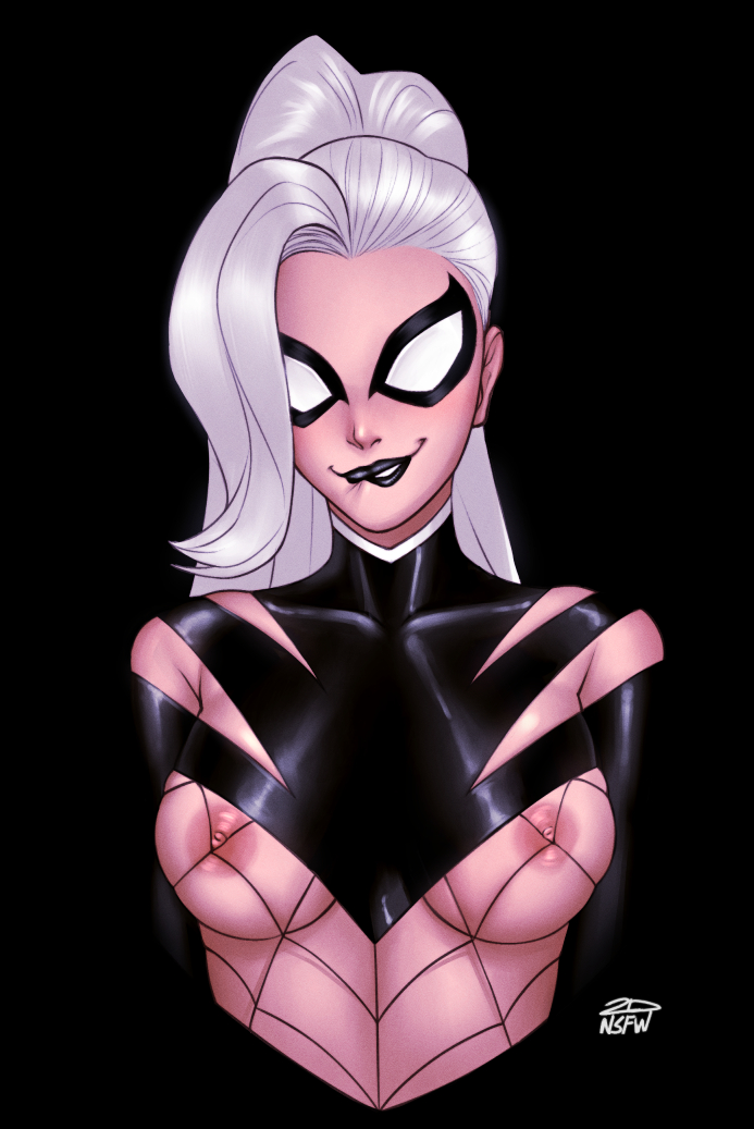 1girls 2dnsfw 2dswirl black_cat_(marvel) edge_of_spider-verse felicia_hardy female female_only long_hair marvel marvel_comics night-spider nipples nipples_visible_through_clothing ponytail solo spider-man_(series) white_hair