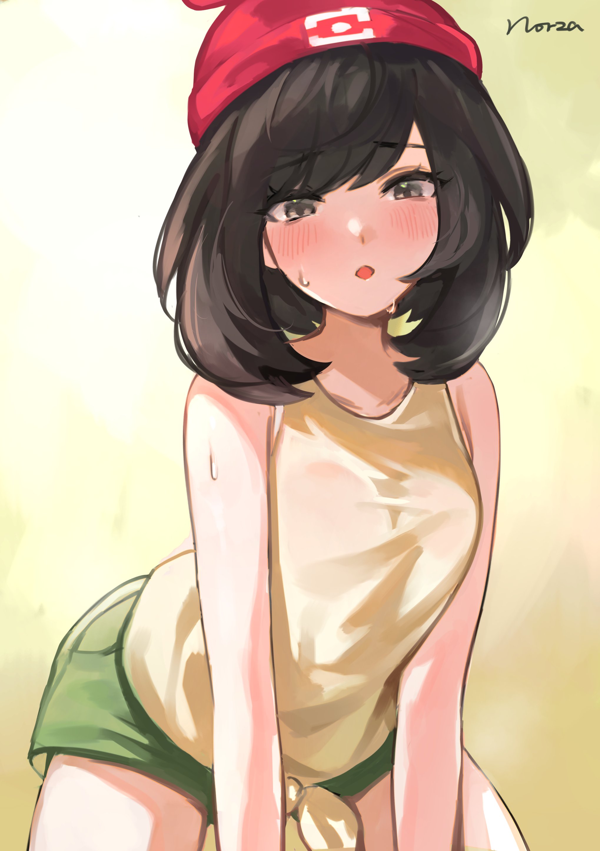 1girls, 2022, black hair, blush, breasts, clothed, clothed female, female, female only, grey eyes, hat, light skin, light-skinned female, looking at viewer, medium breasts, naughty face, nintendo, norza, open mouth, pokemon, pokemon sm, selene (pokemon), short hair, thighs