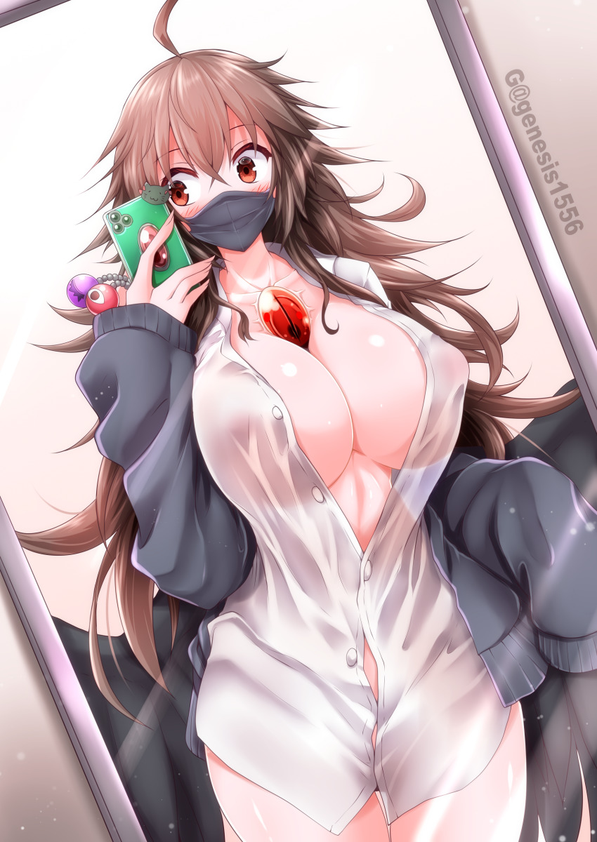 absurdres ahoge alternate_breast_size blush breasts brown_eyes brown_hair buttons cardigan cellphone cleavage collarbone covered_erect_nipples covered_mouth cowboy_shot dress_shirt female g_(genesis1556) hair_between_eyes highres holding holding_phone huge_breasts long_hair long_sleeves looking_at_object mask mirror mouth_mask no_bra no_pants open_cardigan open_clothes panties partially_unbuttoned phone red_eyes see-through selfie shiny shiny_skin shirt sleeves_past_wrists slit_pupils smartphone solo stomach thigh_gap third_eye touhou twitter_username underwear utsuho_reiuji very_long_hair white_shirt