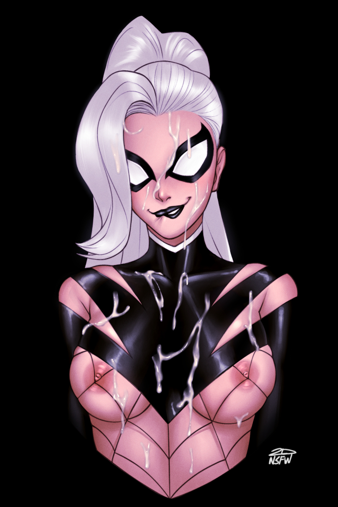 1girls, 2022, 2dnsfw, big breasts, biting lip, black cat (marvel), blush, breasts, cum, cum on breasts, cum on face, felicia hardy, female, female only, fishnets, light skin, light-skinned female, marvel, marvel comics, night-spider, solo, spider-man (series), white hair