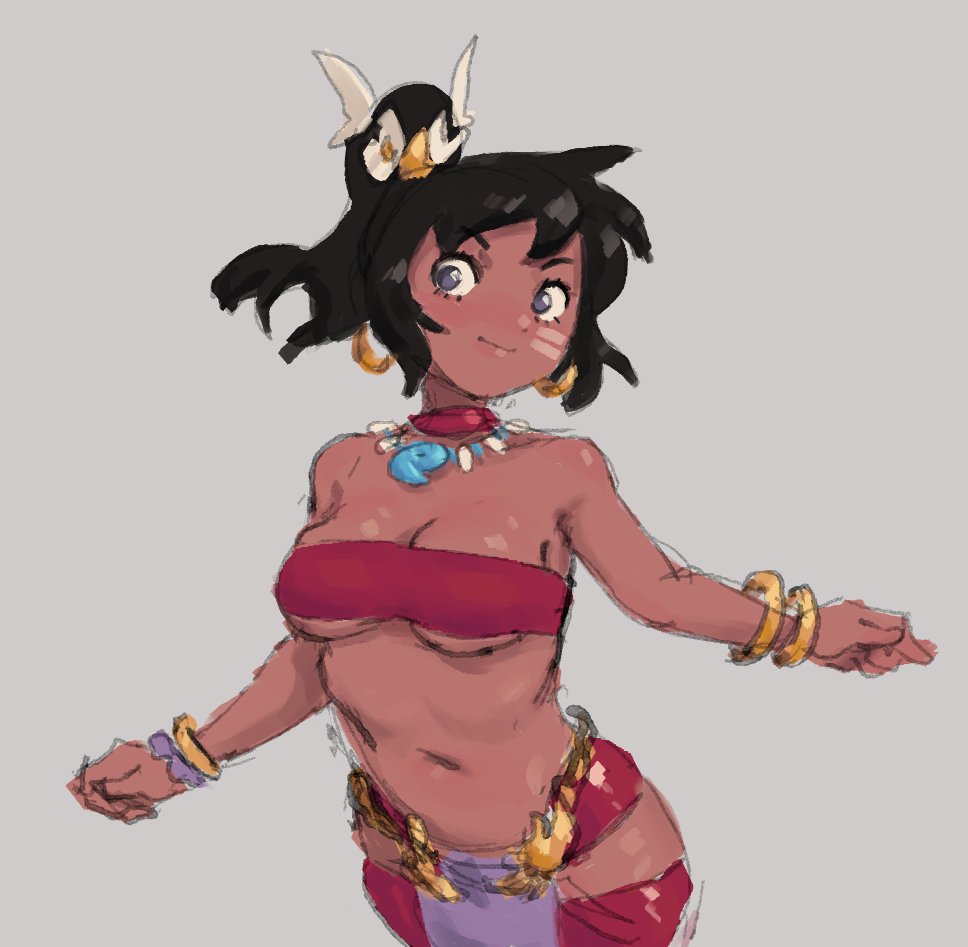 1girls bandeau black_hair blush breasts cleavage dark-skinned_female etrian_odyssey female female_only grey_eyes jewelry medium_breasts navel ponytail shilleka smile solo tribal underboob