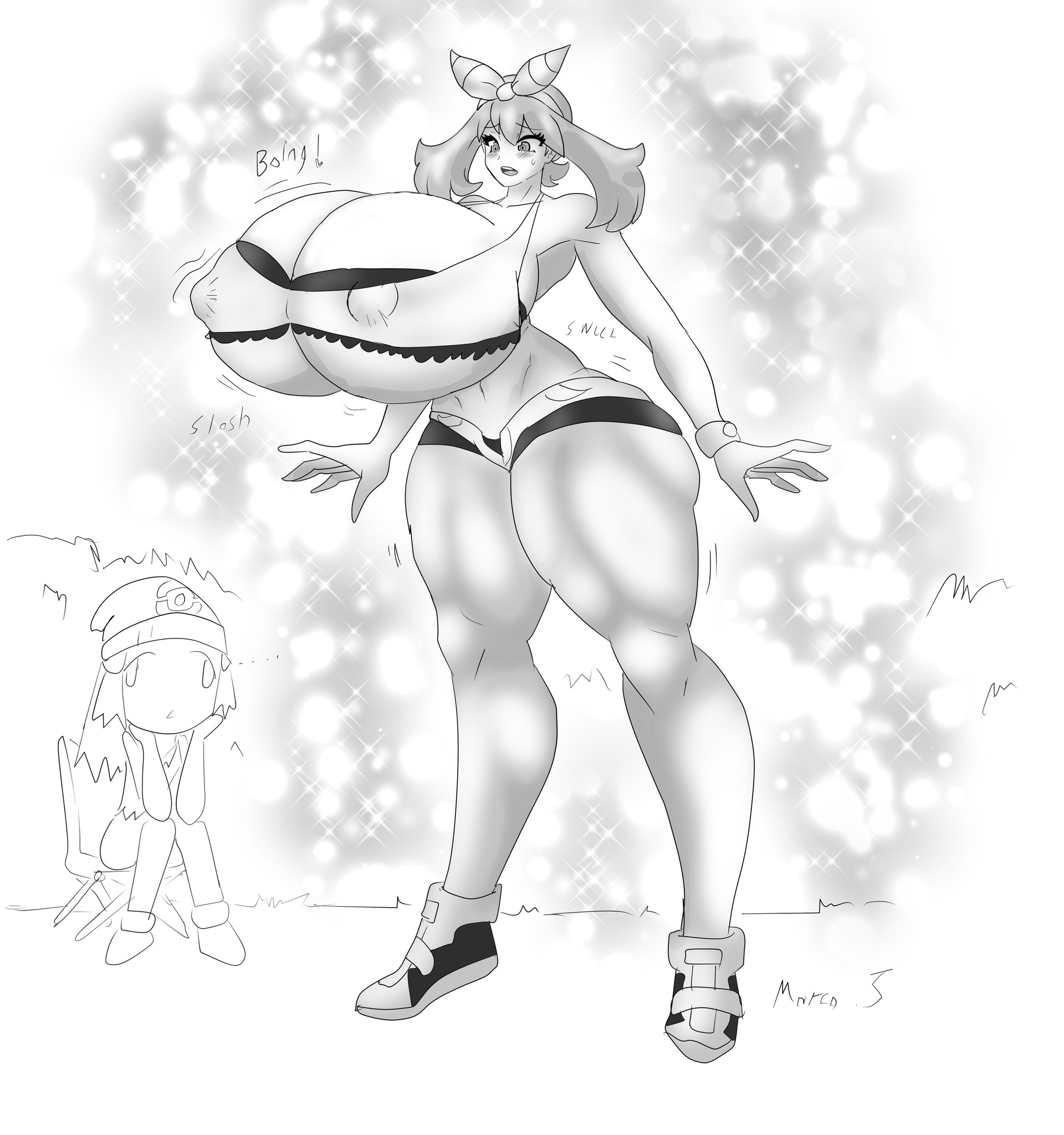 aged up, big breasts, bimbo, bimbofication, breasts, female, gigantic breasts, hips, huge breasts, huge hips, huge thighs, hyper breasts, large breasts, marcormen, massive breasts, may (pokemon oras), may (pokemon), nipples visible through clothing, no color, pokemon, pokemon oras, small clothes, suprised, thick thighs, thighs, wide hips
