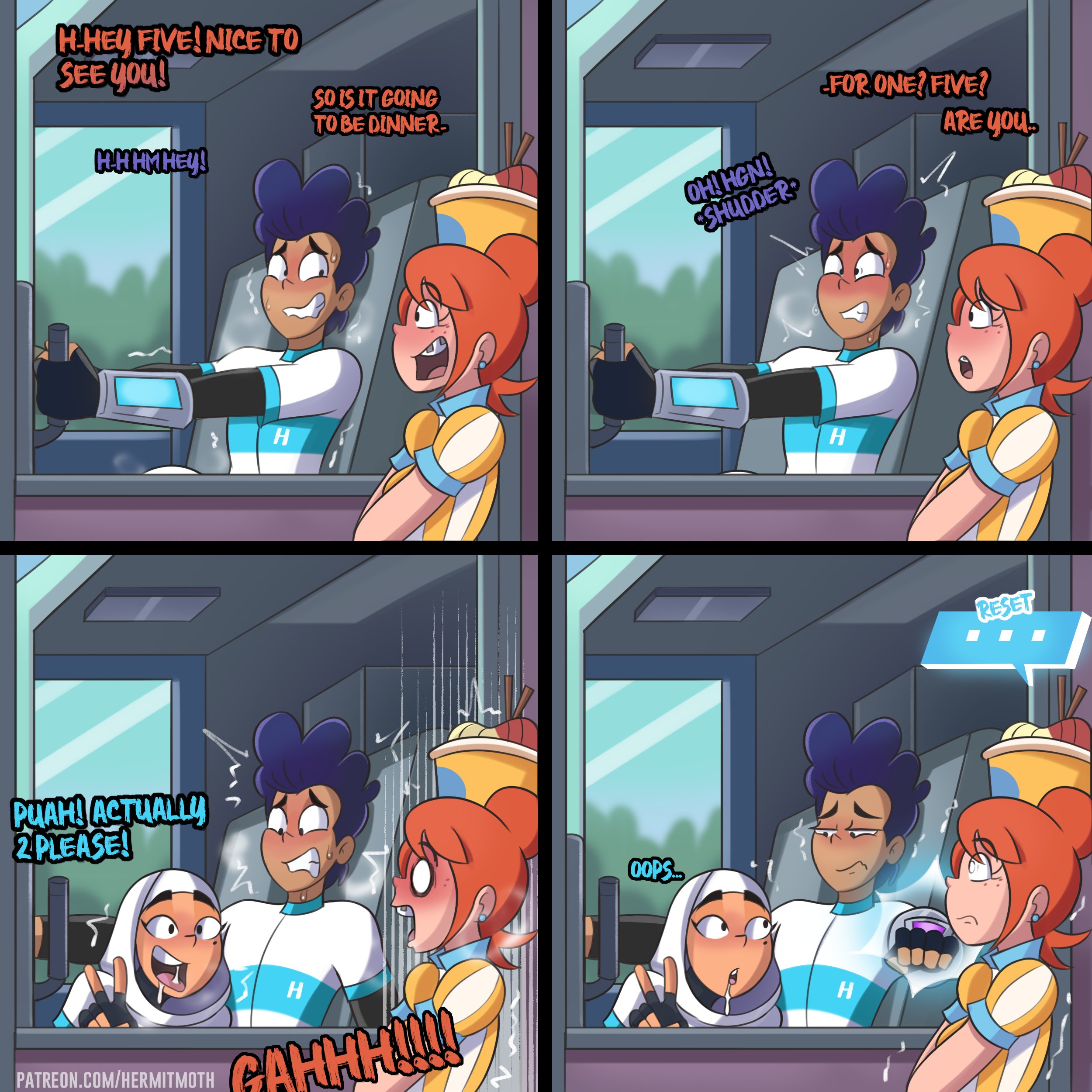 1boy, 2girls, arab, arabian female, blake (glitch techs), blowjob, brown skin, clothed sex, comic, dark skin, dark-skinned female, dark-skinned male, drive thru, english text, fellatio, female, glitch techs, hector nieves, hermitmoth, hidden sex, hijab, implied fellatio, implied oral, implied sex, interracial, latino, latino male arabian female, male, mouth full of cum, multiple females, multiple girls, muslim, muslim female, netflix, nickelodeon, restaurant, smooth skin, stealth sex, text, zahra rashid