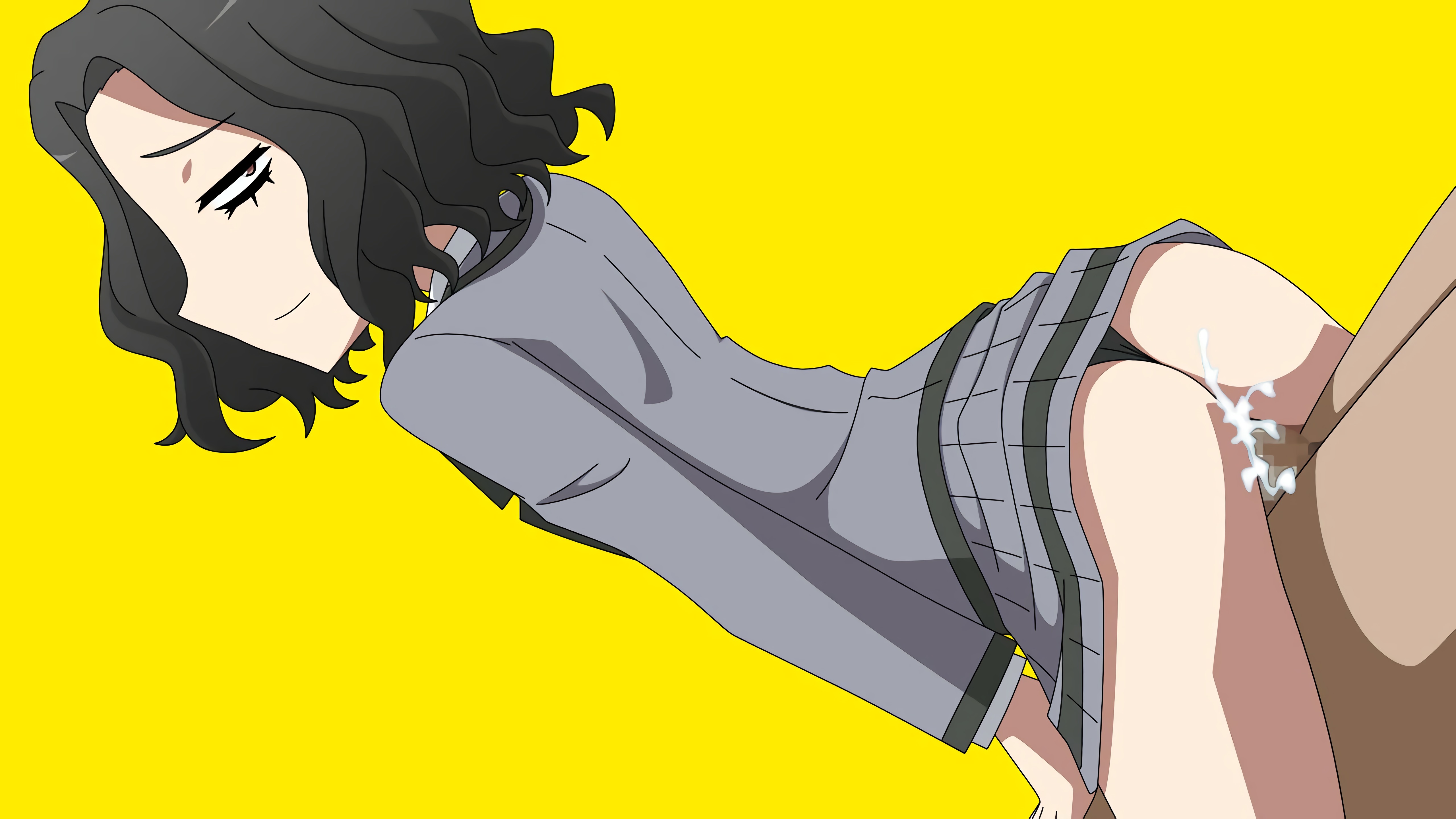 1boy, 1girls, ambiguous penetration, anal, anal sex, ass, assassination classroom, assjob, atelier gons, black hair, brown eyes, buttjob, censored, closing eyes, cum, cum inside, female, goth, hazama kirara, light skin, light-skinned female, male, no pants, pale skin, pale-skinned female, panties, penis, satisfied look, school uniform, schoolgirl, short hair, smile, wavy hair