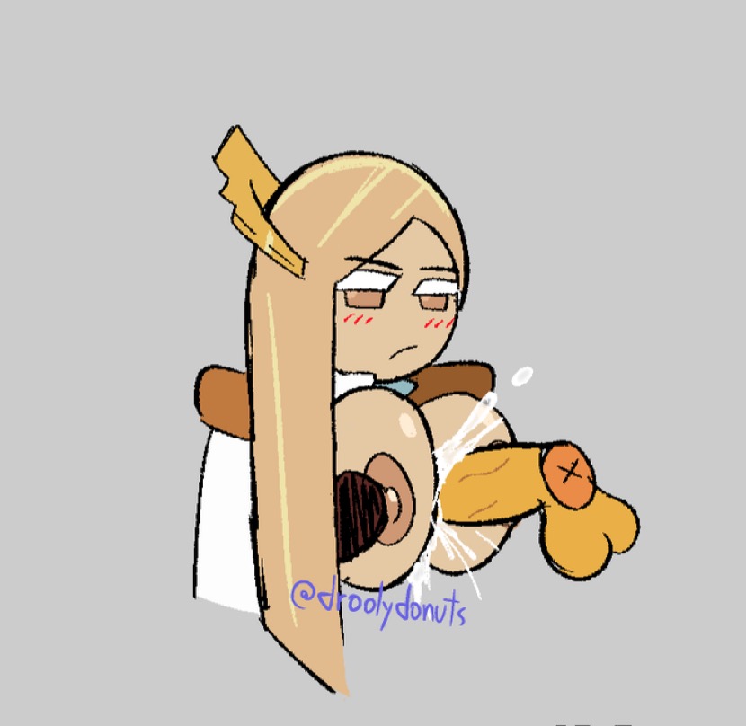 1boy, 1girls, areolae, balls, big breasts, blonde hair, blush, boobjob, breasts, brown eyes, cookie run, cookie run kingdom, cum, cum between breasts, disembodied penis, droolydonuts, exposed breasts, eyelashes, female, female focus, financier cookie, grey background, hair, long hair, male, nipples, paizuri, penis, simple background, tan body, tan skin, titjob, unamused