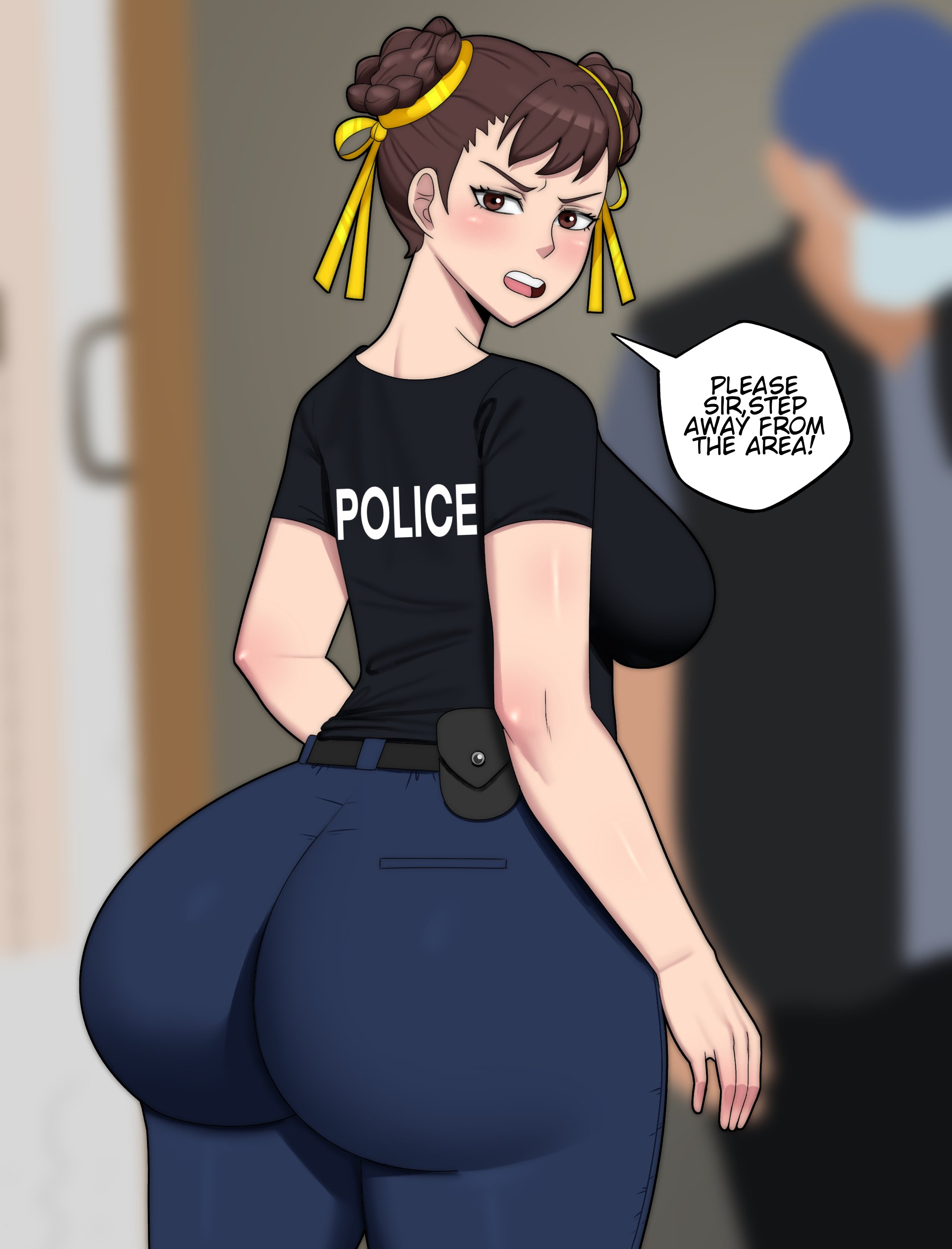 1girls, 2022, ass, back view, background character, big ass, big breasts, big butt, breasts, brown eyes, brown hair, bubble ass, bubble butt, capcom, chun-li, clothed, clothed female, coldarsenal, curvaceous, curvy, curvy body, curvy female, curvy figure, denim, denim bottomwear, denim clothing, denim jeans, dialogue, english text, fat ass, female, fully clothed, jeans, large ass, large breasts, looking at viewer, looking back, matching hair/eyes, meme, no nostrils, offscreen character, open mouth, pants, police, police officer, police uniform, policewoman, pov, pov eye contact, speech bubble, street fighter, t-shirt, text, thicc french policewoman, thicc french policewoman (cosplay), thick, thick thighs, tight pants, voluptuous