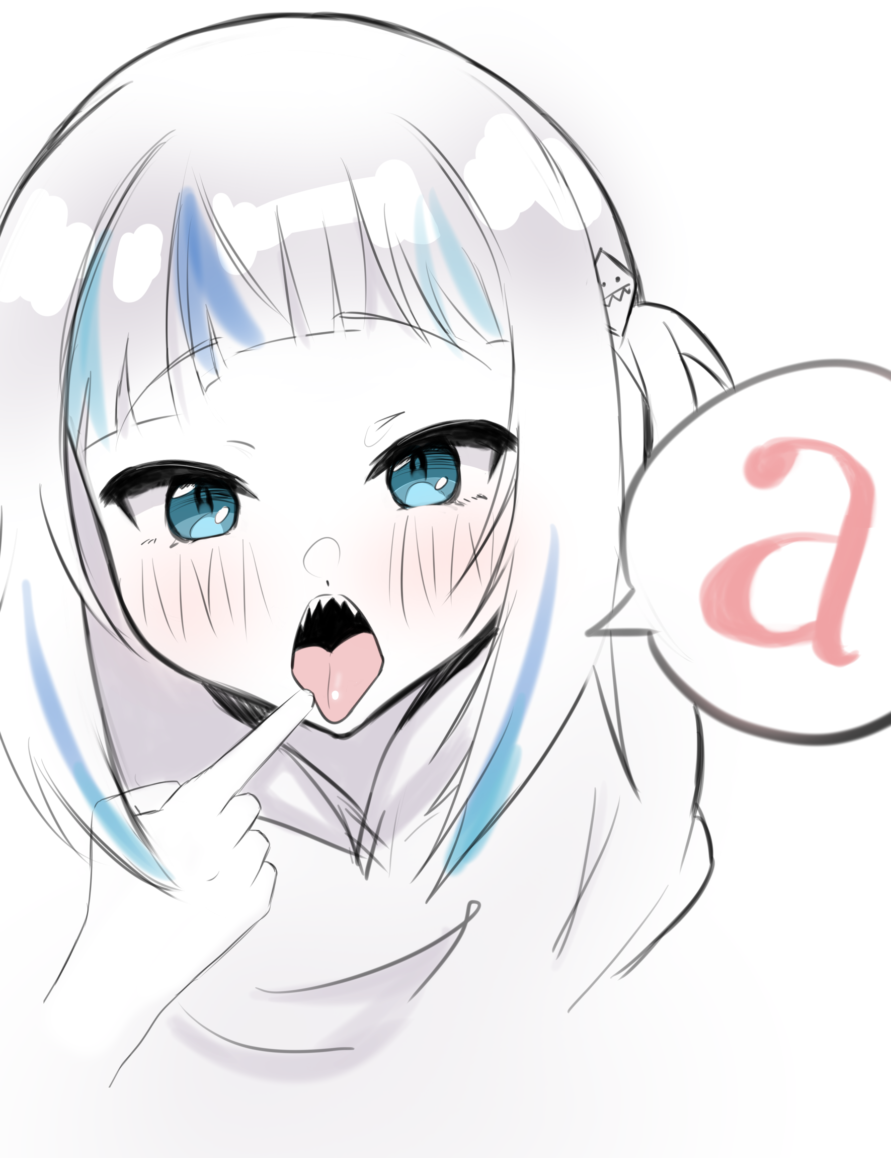 1girls, bangs, blue eyes, blue hair, blunt bangs, blush, english text, female, female only, gawr gura, hair ornament, hololive, hololive english, hololive myth, inviting, noerunoillust, open mouth, pigtails, pointing, pointing at mouth, sharp teeth, solo, solo focus, speech bubble, teeth, tongue, tongue out, upper teeth, virtual youtuber, white background, white hair