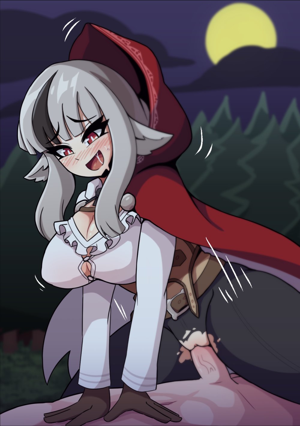 1boy, 1girls, 2022, big breasts, blush, bouncing breasts, breasts, cleavage, cloak, clothed female nude male, cloud, female, female focus, fire emblem, fire emblem fates, full moon, gloves, grey hair, happy sex, heart-shaped pupils, large breasts, male, moon, motion lines, night, nintendo, outside, pants, pantyhose, penis, pussy, red eyes, saliva, sex, solo focus, straddling, sweat, thick thighs, thighs, torn clothes, torn pants, two-tone hair, vadaboob, vaginal penetration, velouria (fire emblem)