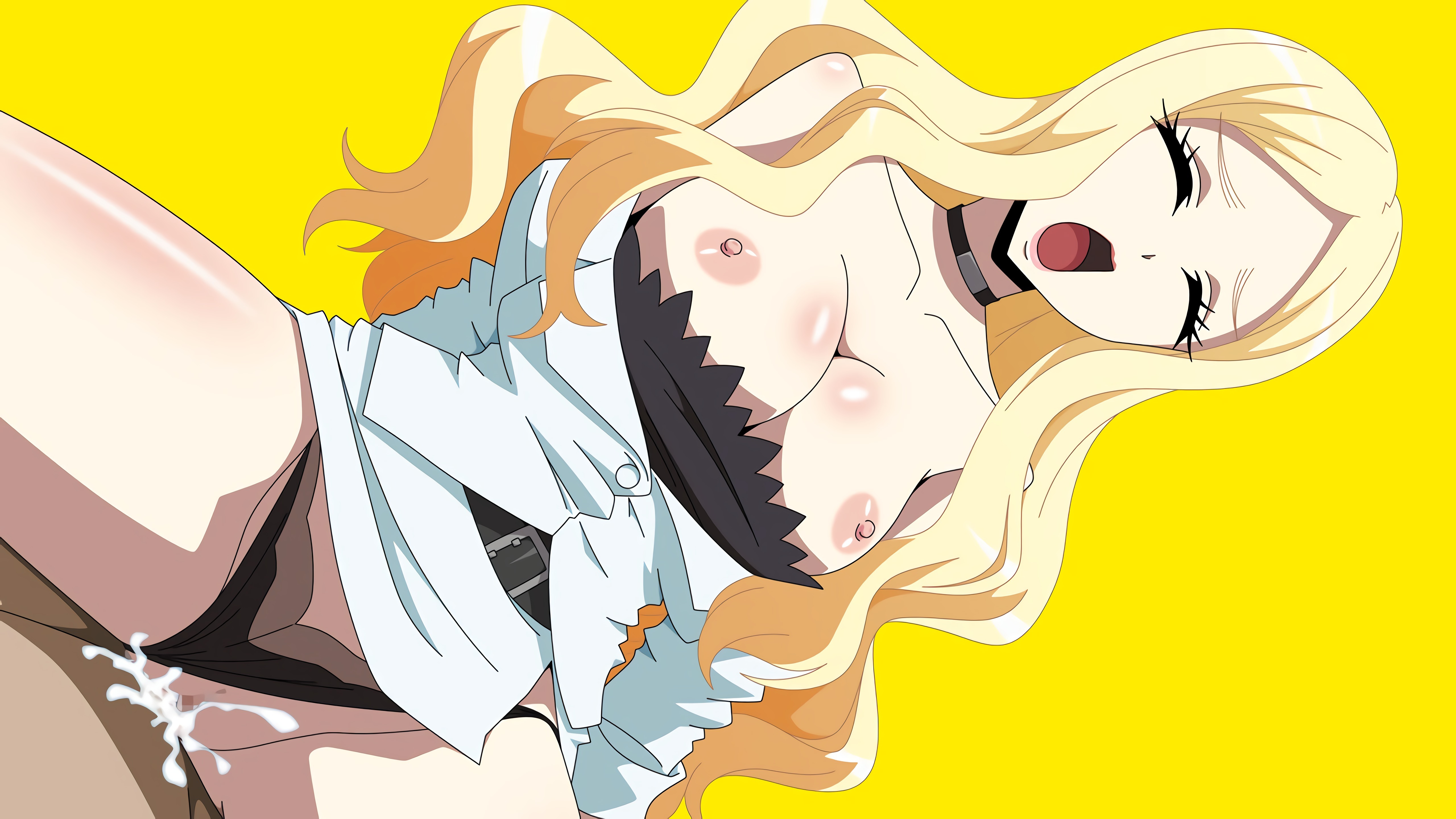 1boy, 1girls, accurate art style, age difference, assassination classroom, atelier gons, blonde hair, blonde-haired female, blue eyes, censored, choker, closed eyes, cum, cum in pussy, dark penis, dark-skinned male, female, irina jelavic, light skin, light-skinned female, male, open mouth, open shirt, pale skin, pale-skinned female, panties, panties aside, practically nude, pussy, teacher and student, uniform, vaginal penetration, vaginal sex