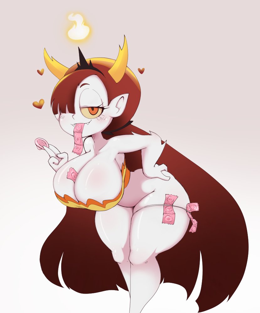 1girls, big breasts, breasts, condom, condom wrapper, disney, disney channel, disney xd, female, hair over one eye, hekapoo, light skin, light-skinned female, long hair, looking at viewer, mossyartburger, red hair, star vs the forces of evil, white skin, yellow sclera