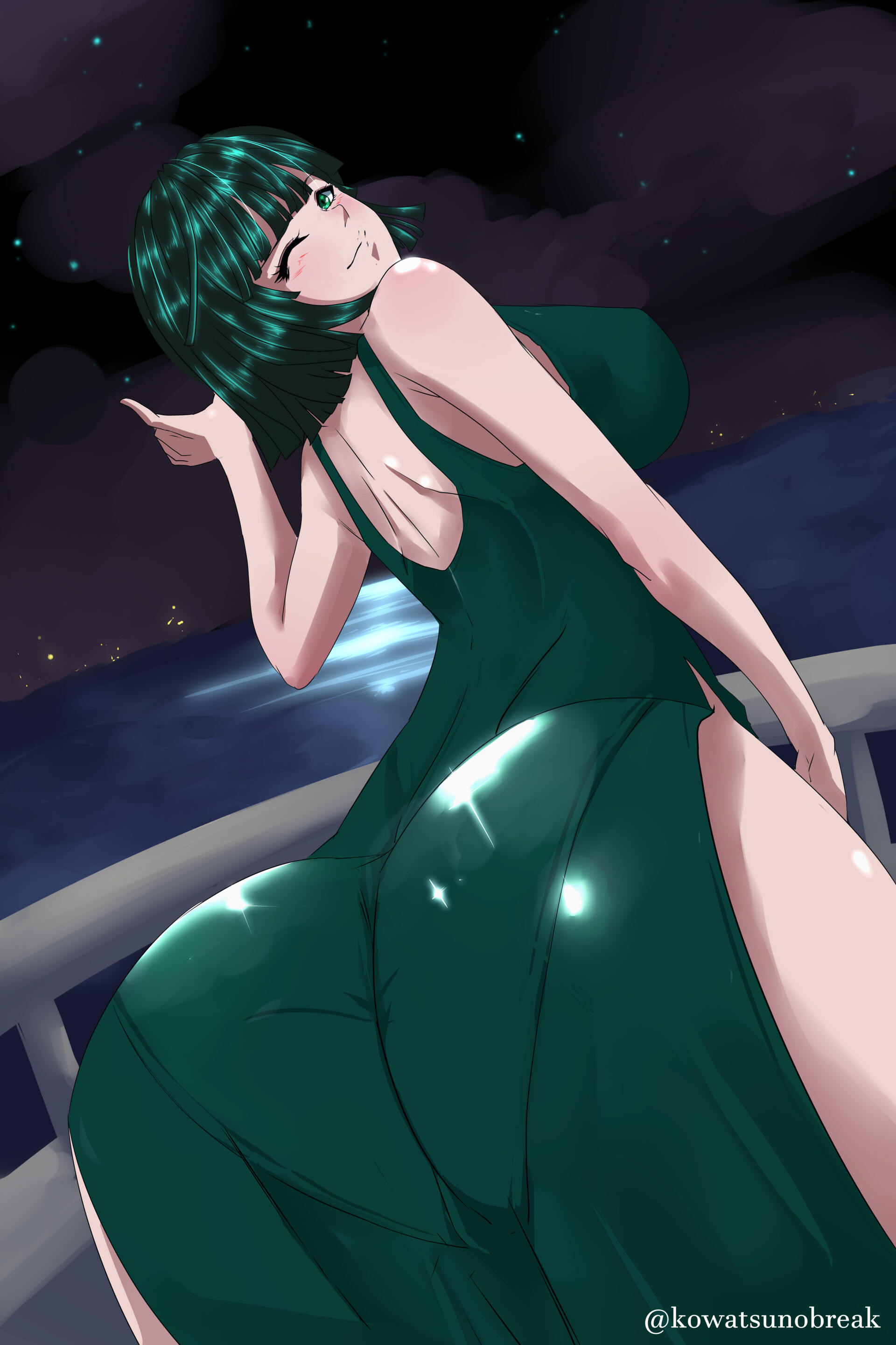 1girls, absurd res, arm up, ass, ass focus, back, back view, bangs, bare shoulders, big ass, big breasts, big butt, blush, boat, bob cut, body blush, breasts, bubble ass, bubble butt, clothed, clothing, curvaceous, curvy, curvy body, curvy female, curvy figure, dark green hair, dress, eye contact, eyelashes, fat ass, female, female focus, female only, fringe, fubuki (one-punch man), green eyes, green hair, hand up, highres, hips, hourglass figure, huge ass, kowatsu, kowatsu no break, large ass, large breasts, light skin, light-skinned female, lips, lipstick, looking at viewer, medium hair, night, ocean, one eye closed, one-punch man, panties, presenting, presenting ass, presenting butt, round ass, see-through, see-through clothing, shiny skin, ship, short hair, sideboob, slim, slim waist, smile, smiling at viewer, smirk, solo, solo female, solo focus, thick, thick legs, thick thighs, thin waist, tight clothing, toned, toned back, toned body, toned female, underwear, voluptuous, waist, water, wide hips