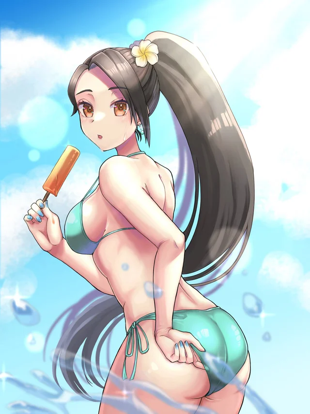 female, ice cream, long hair, looking at viewer, sage (valorant), solo, swimsuit, valorant