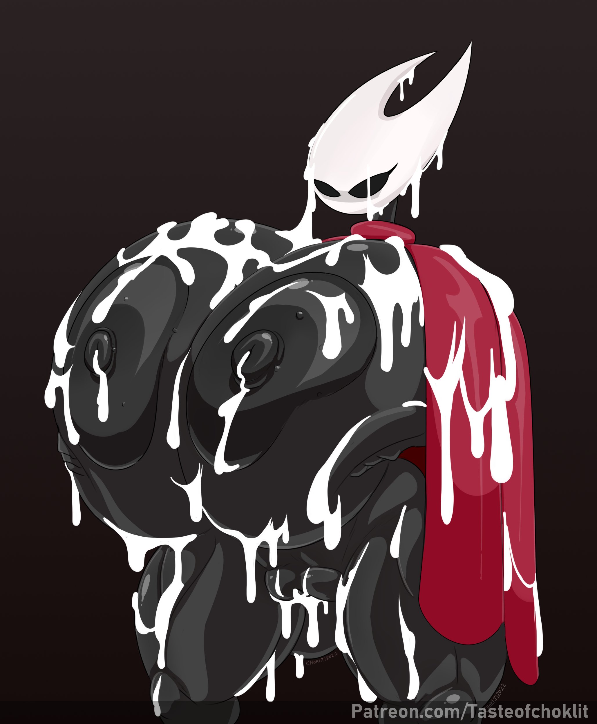 areola, areolae, ass, big ass, big breasts, black skin, breasts, cape, cloak, cloth, clothing, cum, cum all over, cum in pussy, cum inside, cum on body, cum on breasts, cum on face, excessive cum, eyebrowless, female, hollow knight, hornet (hollow knight), huge ass, huge breasts, hyper, hyper ass, hyper breasts, hyper hourglass, large ass, large breasts, mob face, nipples, pussy, red cape, red robe, robe, solid eyes, solo, solo female, sweat, sweating, sweaty, tagme, tasteofchoklit