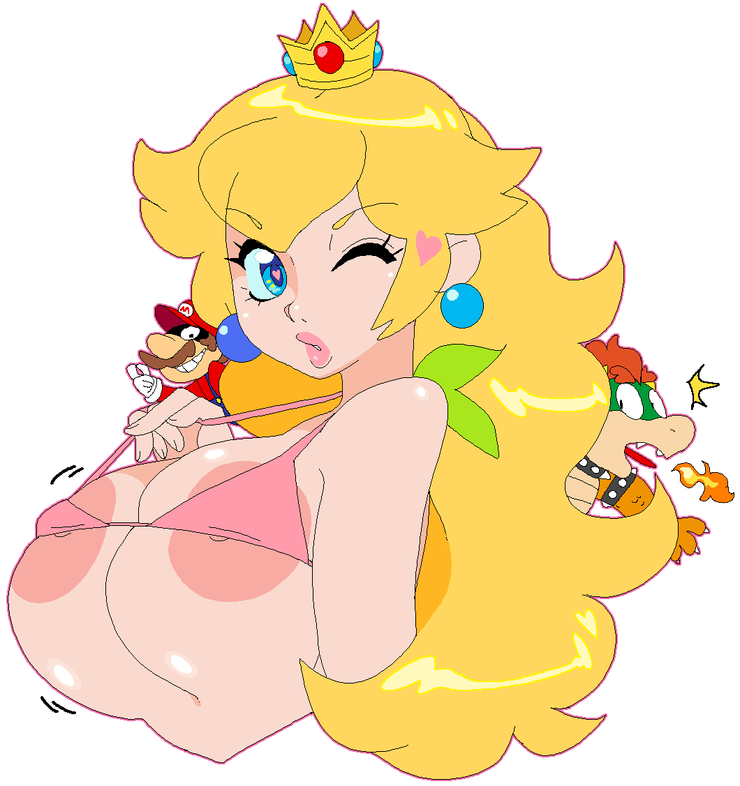 1girls 2boys areola_slip areolae big_areola big_breasts big_nipples blonde_hair blue_eyes bowser bra breasts cap crown earrings female female_focus fire heart heart-shaped_pupil hoshime huge_breasts kissy_face koopa light-skinned_female light_skin lips lipstick long_hair mario mario_(series) moustache nintendo nipple_slip pink_bra pink_lipstick princess_peach surprised swimsuit tagme thick_lips transparent_background upper_body winking