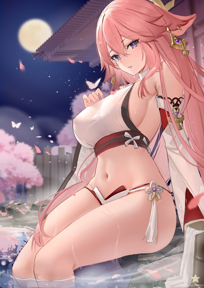 1girls belly belly_button big_breasts blush blushing breasts busty curves curvy earrings female female_only fox_ears fox_girl foxgirl furry-specific_piercing genshin_impact large_breasts legs loki1998 milf nipple_bulge older_female pink_fur pink_hair purple_eyes revealing_clothes shrine_maiden solo sweat sweating sweaty thick thick_legs thick_thighs thighs tummy violet_eyes yae_miko