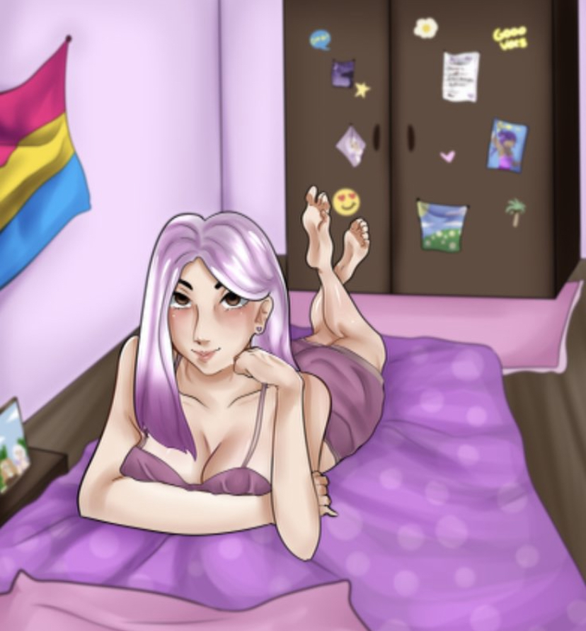 amelie_florence dark_eyes feet in_bed ordem_paranormal pansexual_pride_colors purple_clothing purple_hair room white_hair white_skin