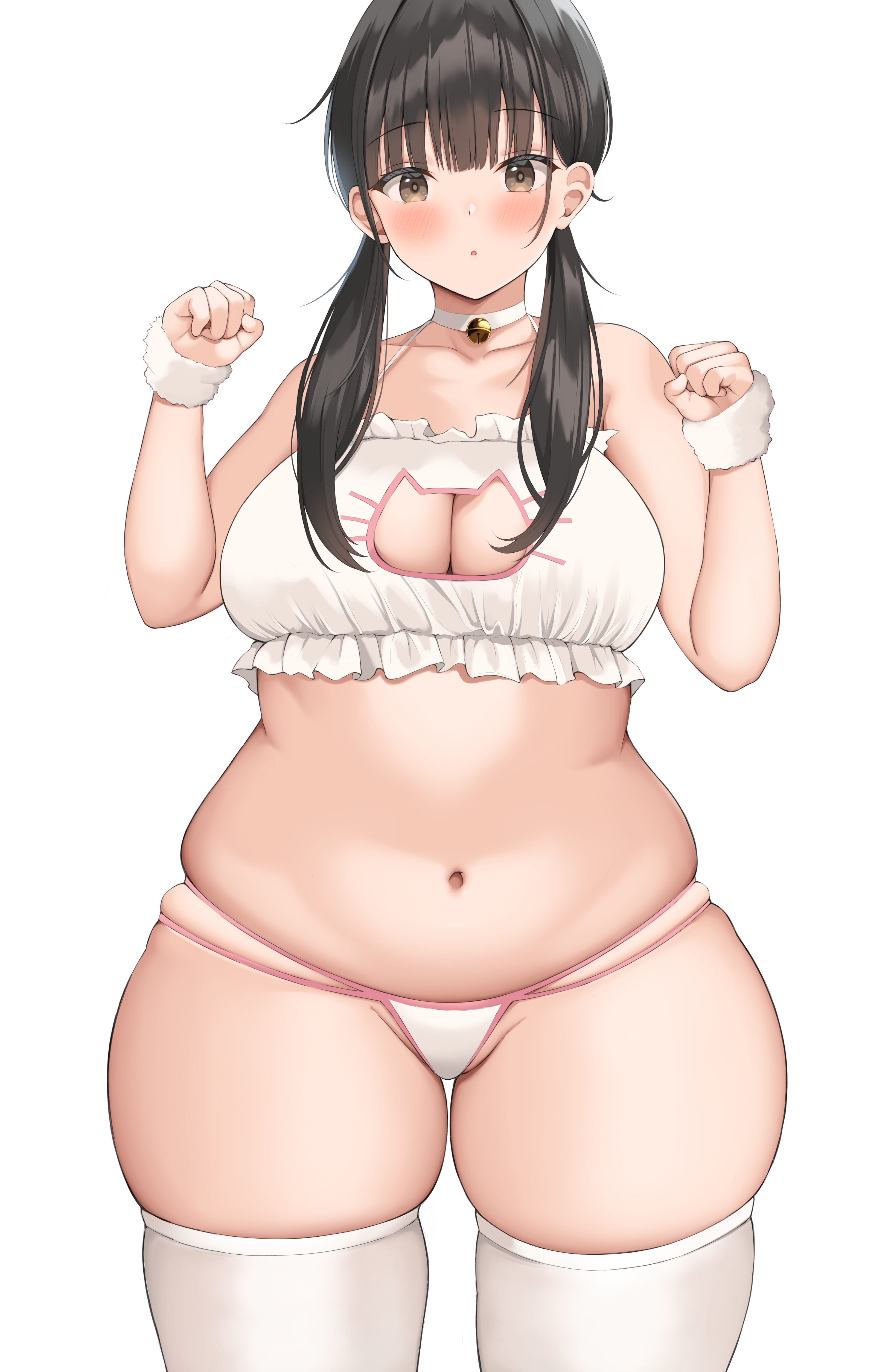 1girls, 2022, ass, blush, bottom heavy, breasts, brown eyes, brown hair, cat keyhole bra, cat lingerie, choker, chubby, female, female only, hi res, hips, huge ass, huge thighs, large breasts, light skin, light-skinned female, long hair, medium breasts, muffin top, navel, neneneji, original, original character, skindentation, solo, thick thighs, thighhighs, thighs, thunder thighs, twintails, wide hips
