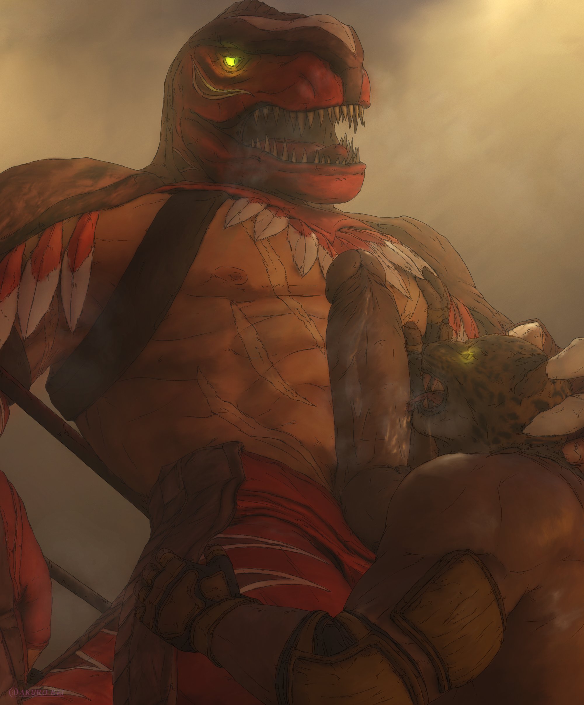 akuro rei, balls, bandai namco, bara, big balls, big penis, boner, crossover, erection, gay, hand on head, jaguar, king (tekken), king of dinosaurs, king of fighters, licking penis, male, male only, mask, masked, muscles, muscular, musk, penis, size difference, snk, tekken, wrestler, yaoi