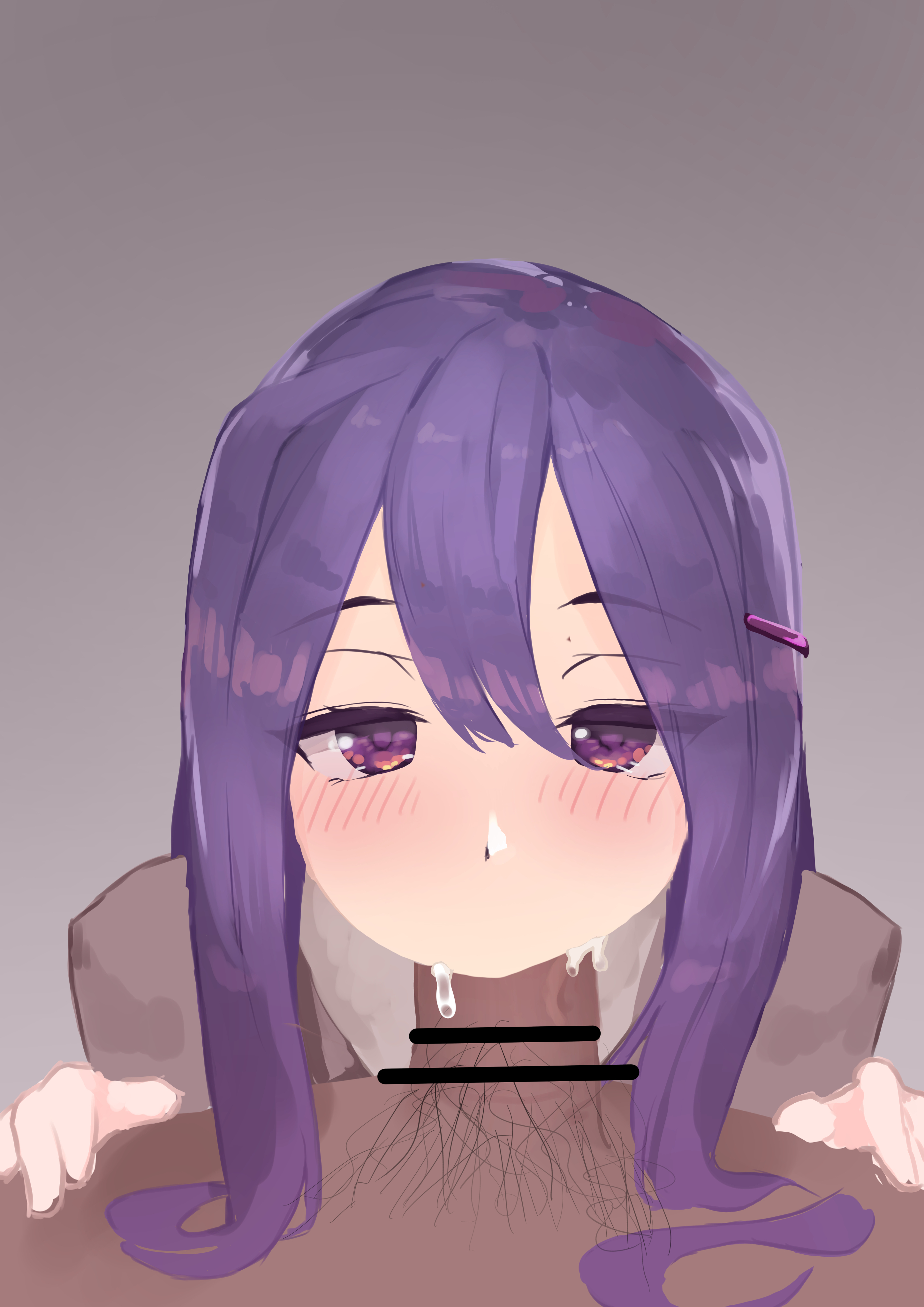 black bar censoring, black bars, blowjob, blush, censor, censored, cum, cum in mouth, cumming, cumming in mouth, cumshot, cumshot in mouth, dark skin, dark-skinned male, dio (artist), doki doki literature club, female, hands on sides, interracial, looking at viewer, male, oral, pubic hair, purple eyes, purple hair, yuri (doki doki literature club)