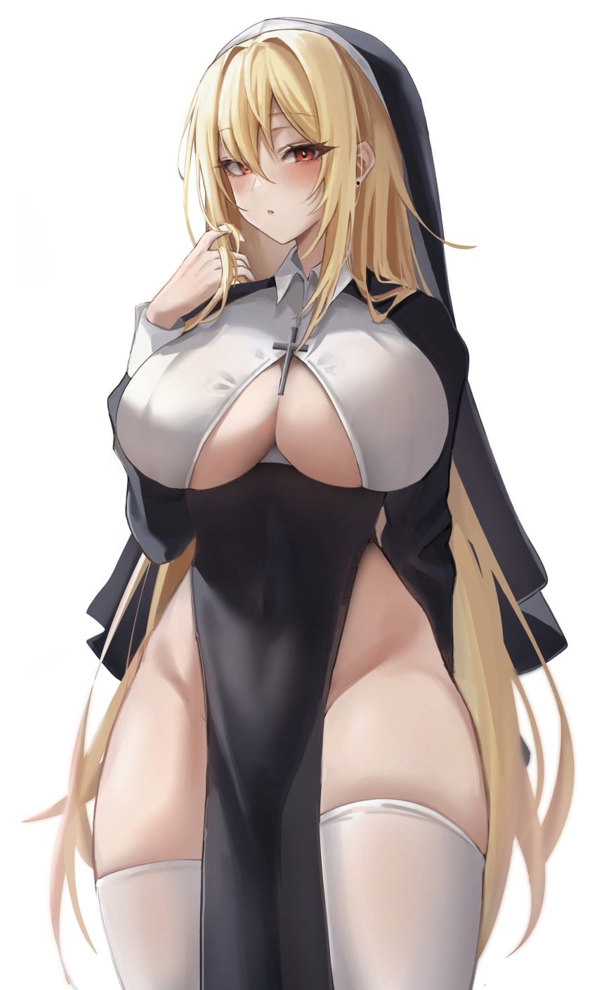 1girls absurdres bangs biya biya_(1024) black_dress blonde_hair blush breasts clothing_cutout covered_navel cross dress female habit highres large_breasts latin_cross light-skinned_female light_skin long_hair long_sleeves looking_at_viewer nun open_mouth original pelvic_curtain red_eyes sayuri_(k_pring) solo thighhighs thighs underboob underboob_cutout white_thighhighs