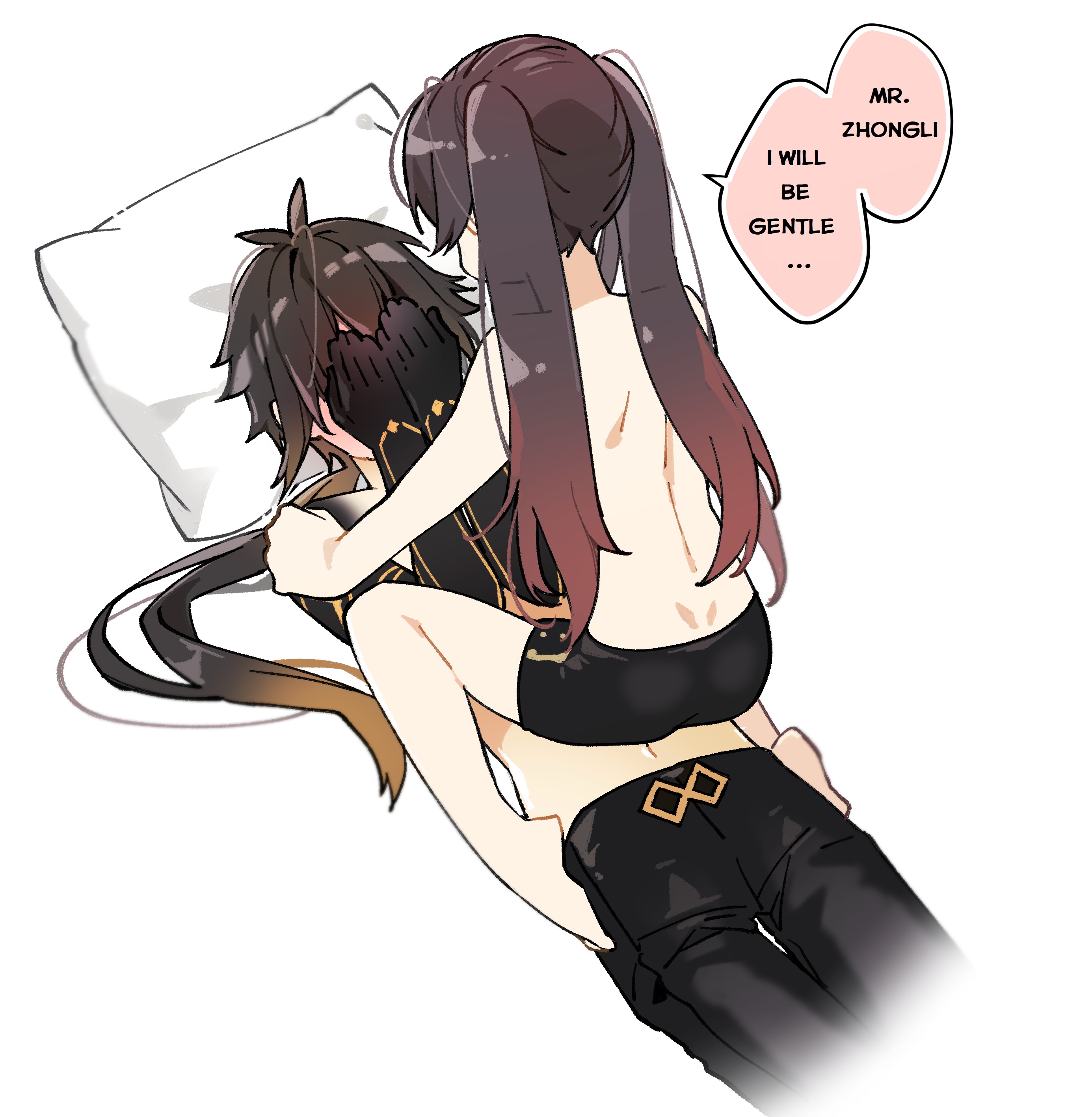 1boy, absurdres, arm tattoo, artist request, bangs, bare legs, black hair, black shorts, brown hair, covering face, cowgirl position, english text, female, genshin impact, gradient hair, hair between eyes, hand on another's shoulder, highres, hu tao (genshin impact), lilleboenner, long hair, lying, male, multicolored hair, on back, pants, pillow, ponytail, shorts, sitting, sitting on person, speech bubble, straight, tattoo, topless, topless male, translated, twintails, white background, zhongli (genshin impact)