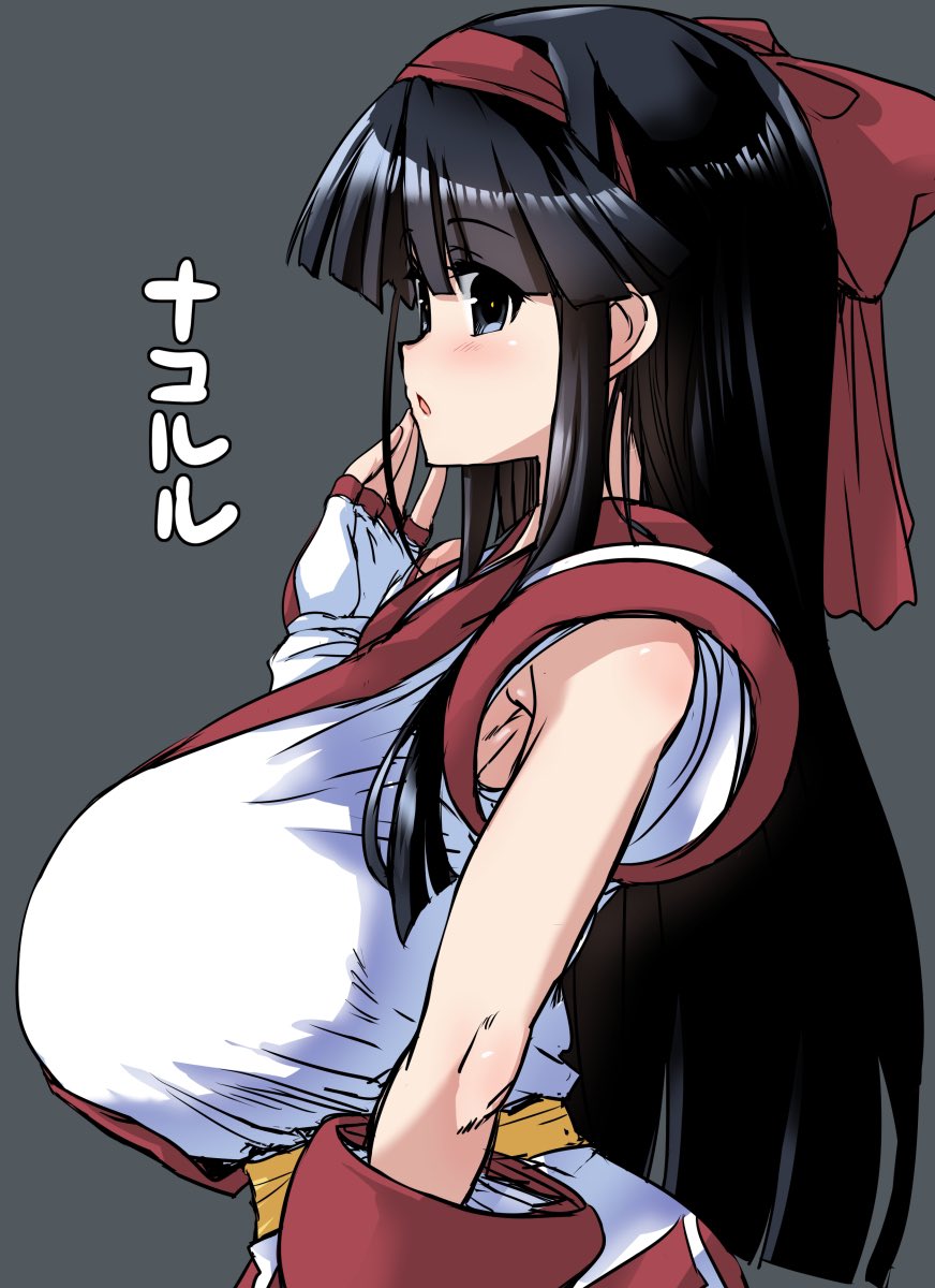 1girls ainu_clothes alternate_breast_size armpit_peek big_breasts black_hair breasts busty female female_only fingerless_gloves gloves grey_eyes hair_ribbon highres hirowa_nagi huge_breasts japanese_text long_hair looking_at_viewer nakoruru open_mouth ribbon samurai_shodown sideboob snk solo translated