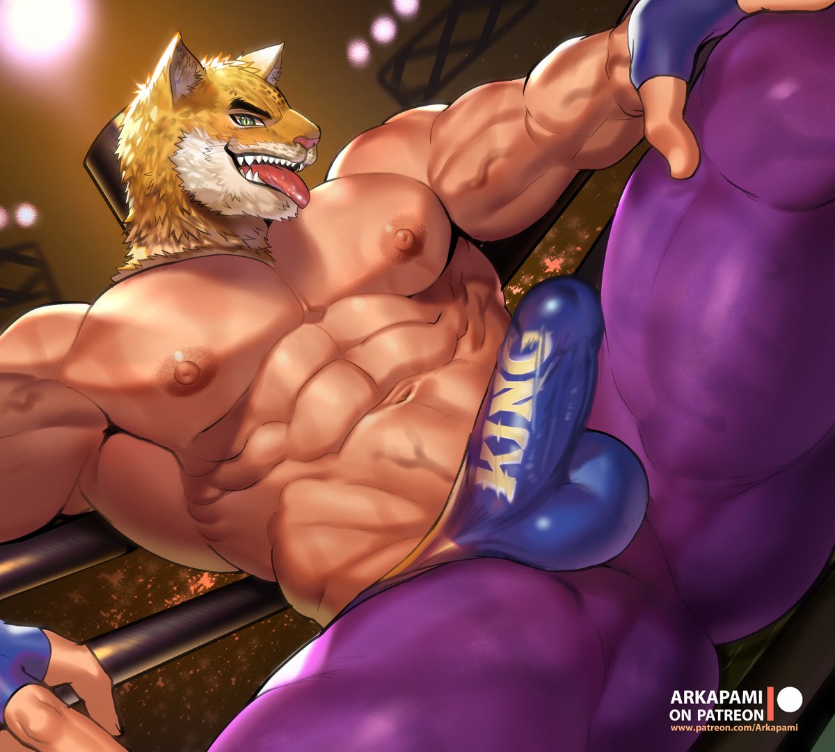 arkapami balls bandai_namco bara boner bulge erection gay jaguar king_(tekken) male male_only mask masked muscles muscular penis solo solo_male spread_legs tekken tongue_out wrestler