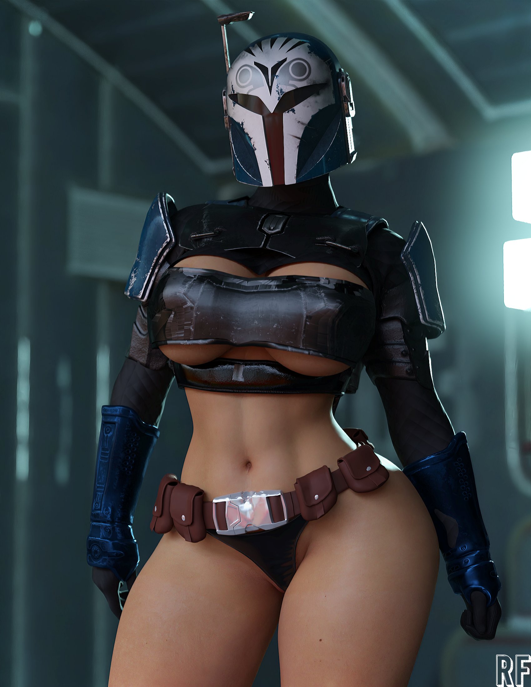 1girls, 3d, abs, absurd res, bo-katan kryze, breasts, female, female only, gloves, helmet, hi res, large breasts, mandalorian, mandalorian helmet, panties, rude frog, solo, solo female, star wars, thighs, wide hips