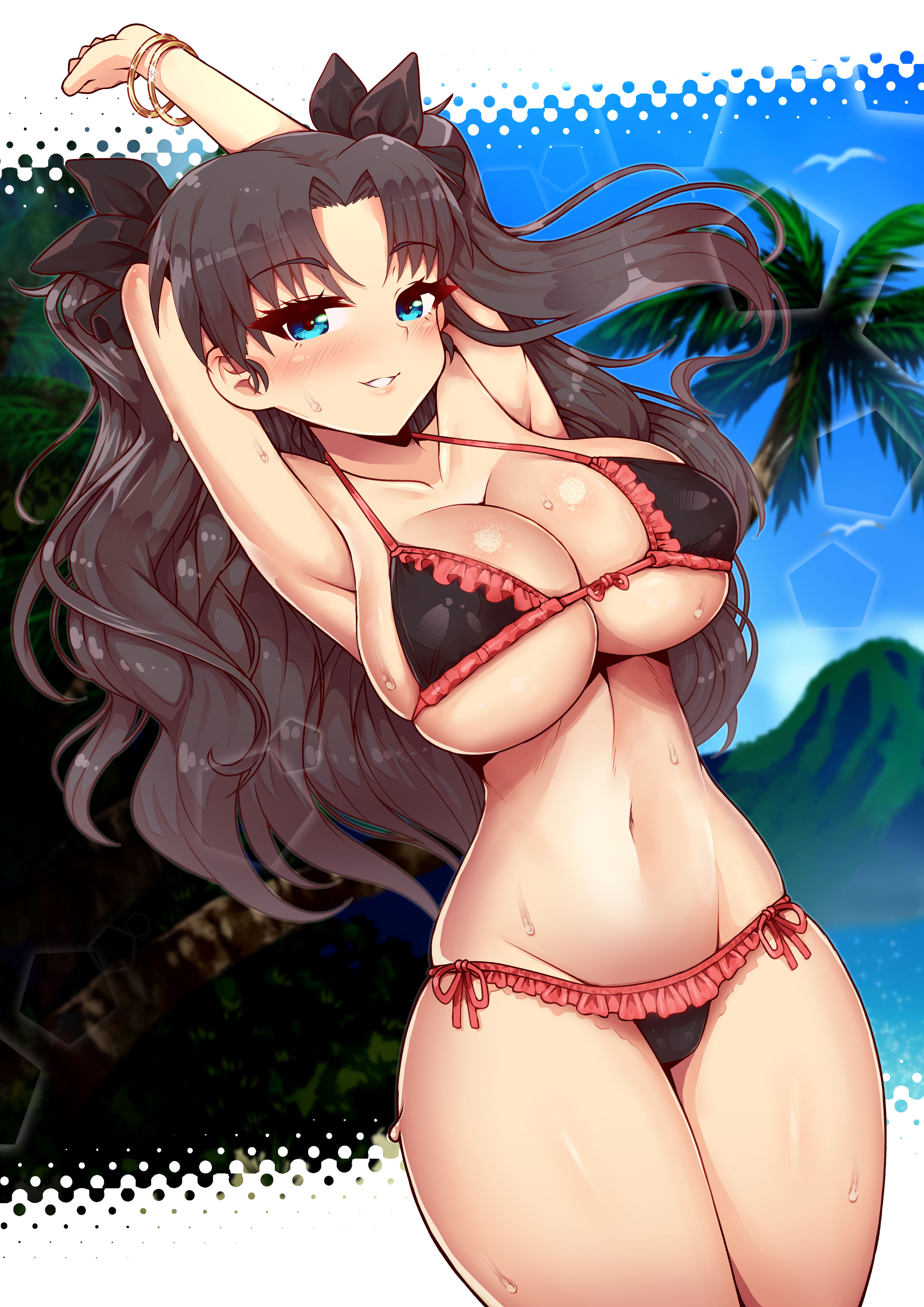 1girls, aqua eyes, armpits, arms up, ass, beach, bikini, blush, bracelet, breasts, brown hair, cleavage, collarbone, fate (series), fate/stay night, female, hair ornament, highres, huge ass, long hair, looking at viewer, navel, solo, standing, sweat, swimsuit, thick thighs, thighs, tohsaka rin, twintails, very long hair, virus-g