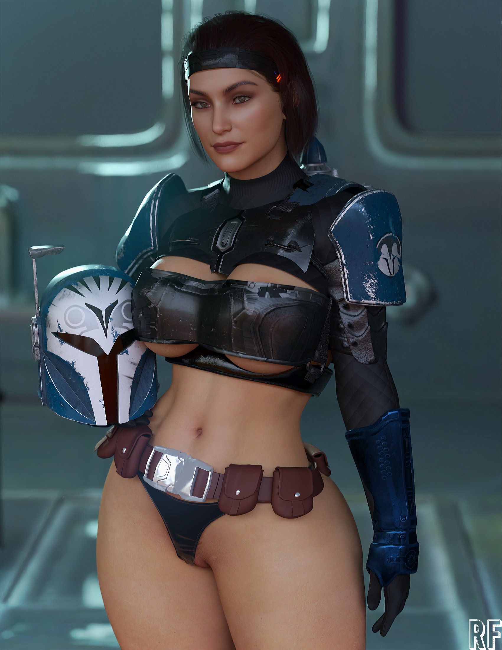 1girls, 3d, abs, absurd res, bo-katan kryze, breasts, female, female only, gloves, helmet, hi res, large breasts, mandalorian, mandalorian helmet, panties, red hair, rude frog, solo, solo female, star wars, thighs, wide hips