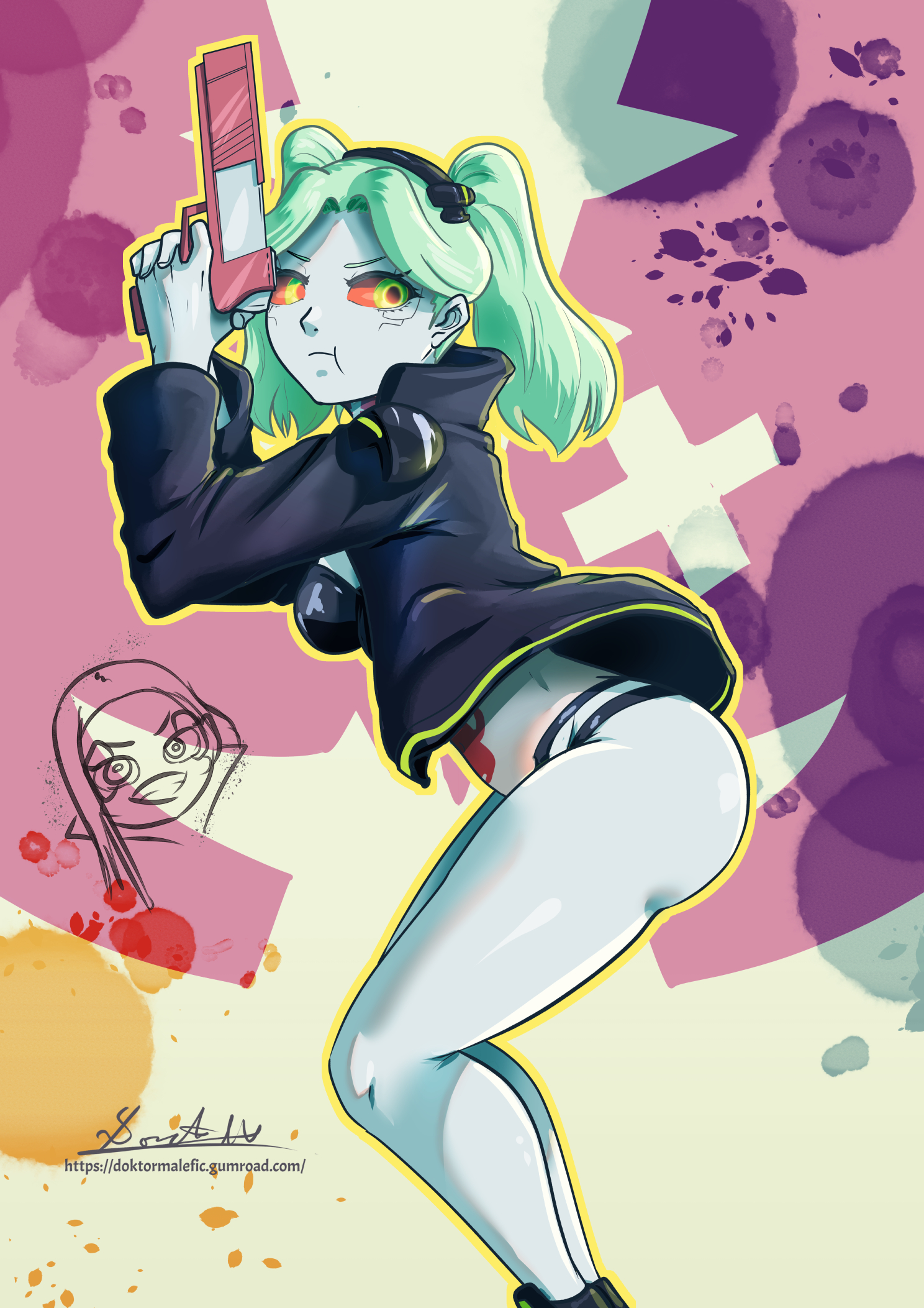 1girls, ass, big ass, big butt, breasts, cyberpunk 2077, cyberpunk: edgerunners, cyborg, doktor malefic, female, firearm, footwear, glowing, glowing eyes, green eyes, gun, hair, hair ornament, handgun, human, light blue hair, light skin, light-skinned female, looking back, outerwear, pale skin, ponytail, rebecca (edgerunners), red sclera, small breasts, sole female, solo, studio trigger, weapon