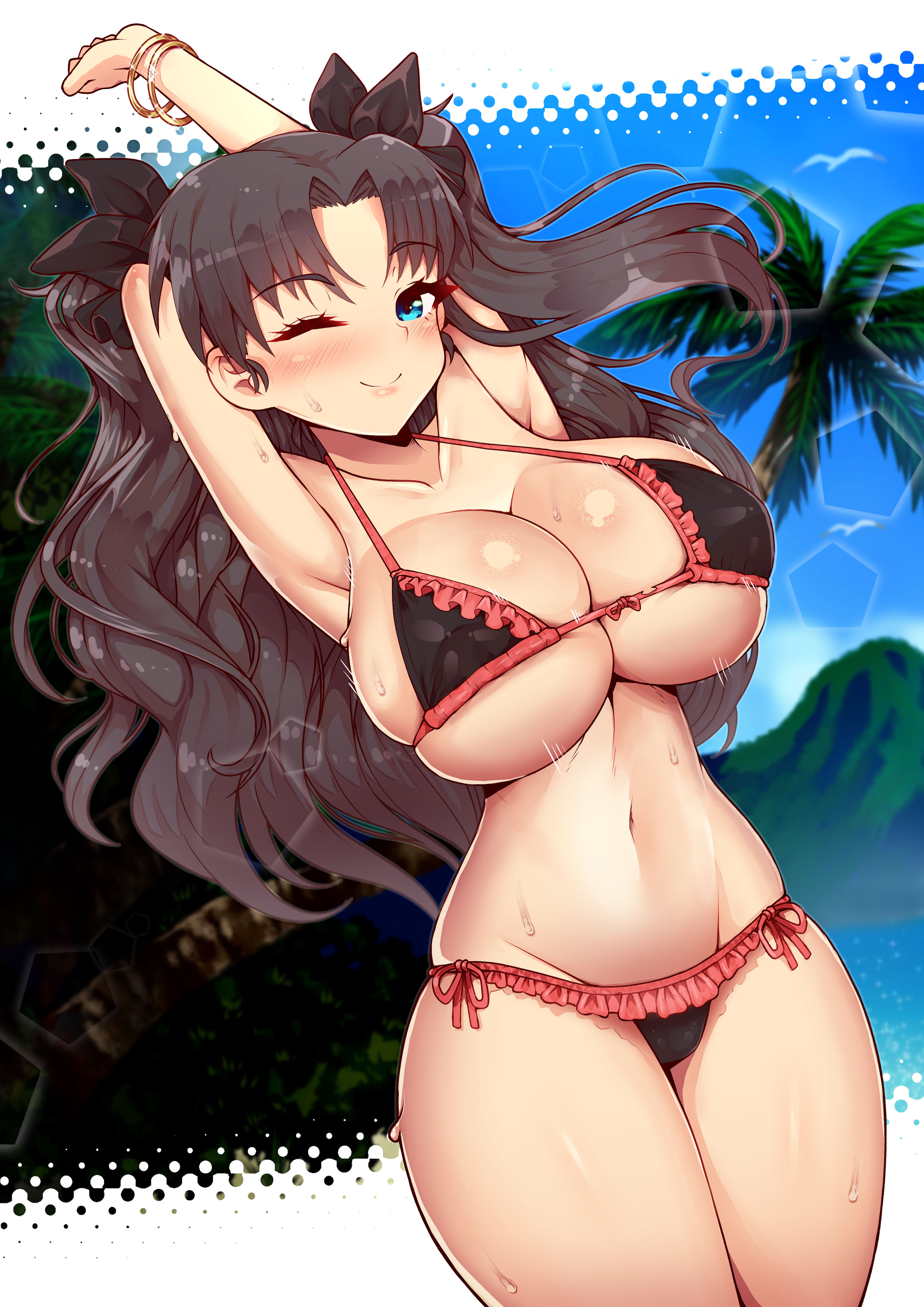 1girls, aqua eyes, armpits, arms up, bare shoulders, beach, belly, belly button, big breasts, bikini, blush, bracelet, breast expansion, breast growth, breast growth (enlargement), breasts, brown hair, cleavage, clothed, clothes, clothing, collarbone, fate (series), fate/stay night, female, female only, hair ornament, highres, hips, huge breasts, human, human only, large breasts, long hair, looking at viewer, navel, one eye closed, solo, solo female, standing, sweat, swimsuit, thick, thick thighs, thighs, tohsaka rin, twintails, very long hair, virus-g, wide hips