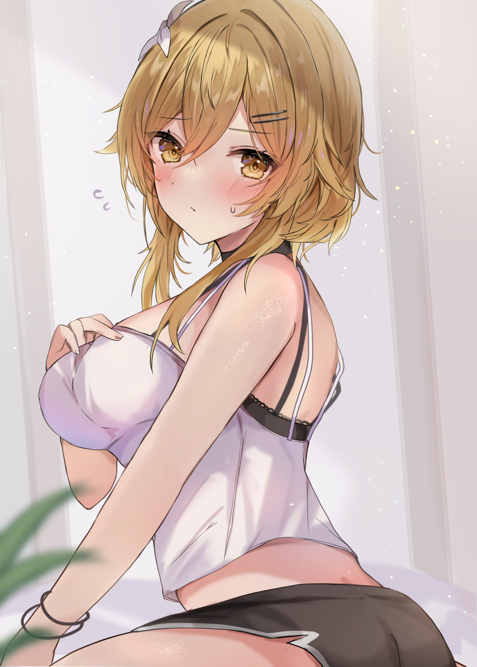1girls, blonde hair, blush, bracelet, breasts, female, flower, flower in hair, genshin impact, hair ornament, highres, huge breasts, looking at viewer, lumine (genshin impact), maruro, medium breasts, shorts, sitting, solo, thighs, yellow eyes