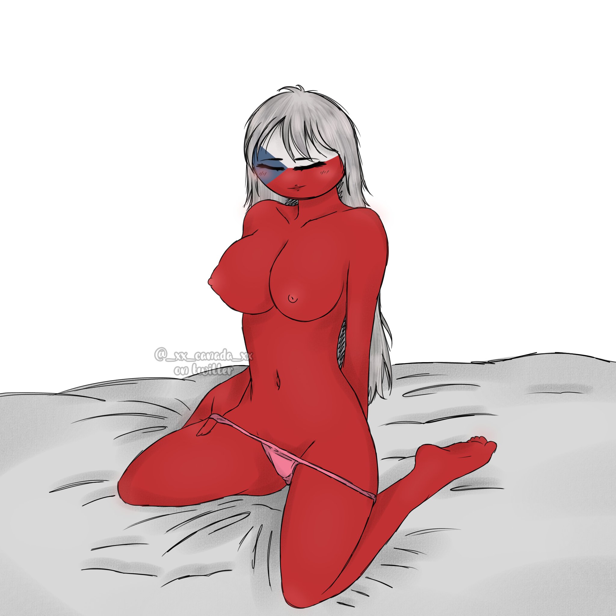 big breasts, blush, breasts, countryhumans, countryhumans girl, czechia (countryhumans), female, female only, masturbation, on bed, panties, white background, white hair, xx.canada.xx