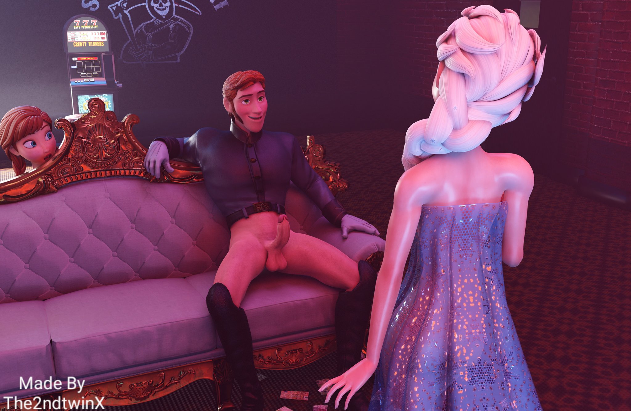 3d, anna (frozen), balls, blonde hair, blue eyes, clothing, corset, disney, dress, elsa (frozen), exotic dancer, female, frozen (film), frozen 2, light skin, light-skinned female, makeup, male, nightclub, penis, poledancer, prince hans, princess, private room, queen, red hair, short hair, strip club, stripper, stripping, tangled, testicles, the2ndtwinx, uncensored, vip room