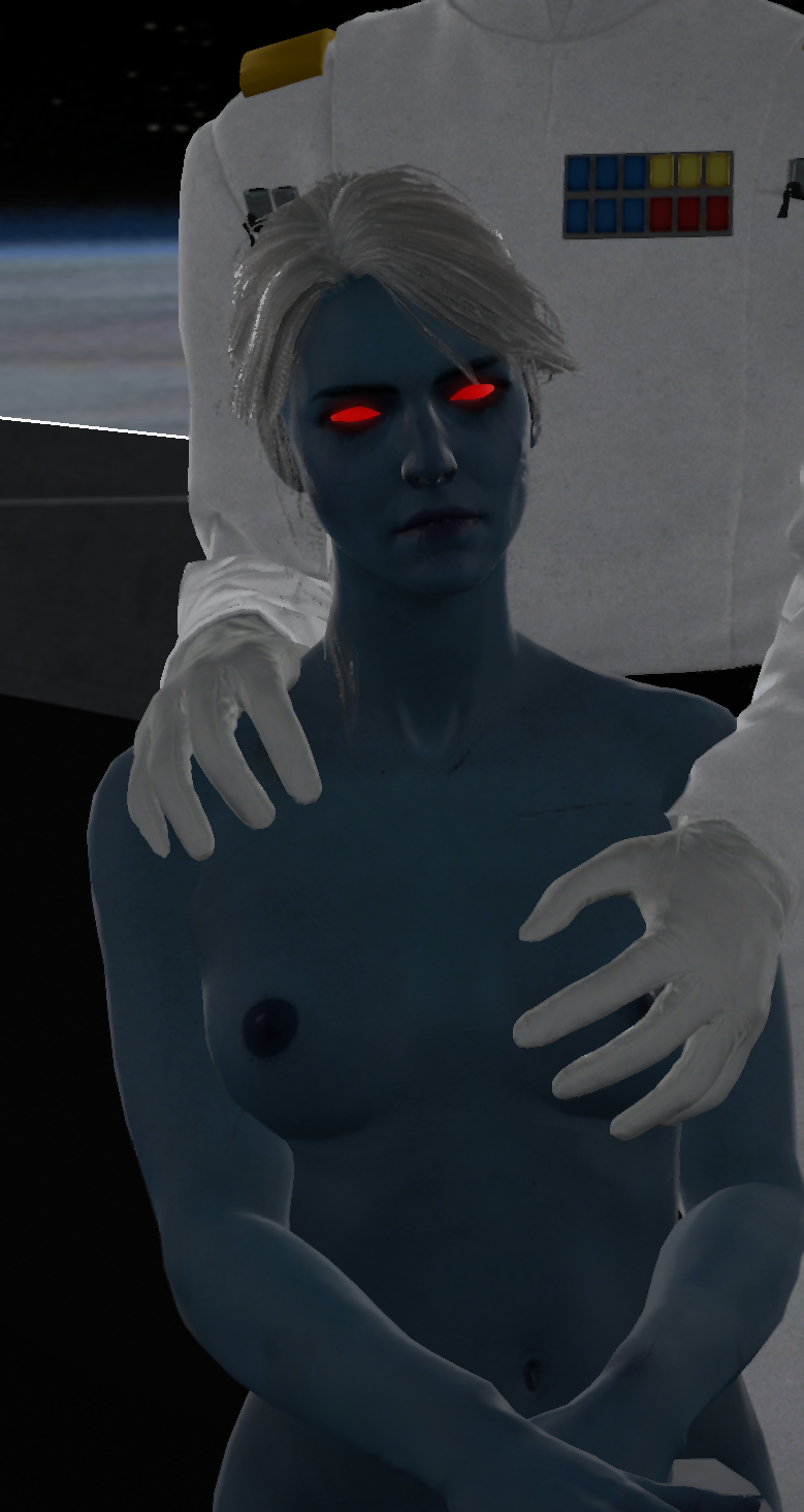 3d areolae blue_skin breast_grab chiss glowing_eyes grand_admiral groping hand_on_breast hand_on_shoulder hannadee imperial_officer legs_crossed male medium_breasts navel questionable_consent red_eyes star_wars uniform white_hair