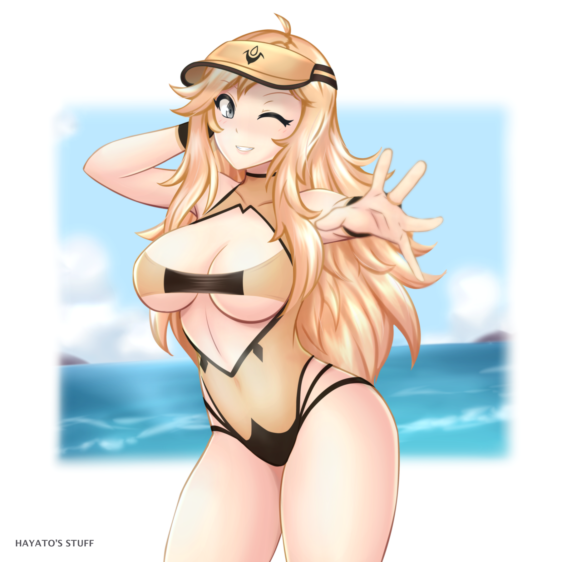 1girls, alternate costume, beach, blonde hair, breasts, cleavage, female, female only, fire emblem, fire emblem fates, grey eyes, grin, hayato stuff, highres, large breasts, long hair, looking at viewer, nintendo, ocean, one eye closed, one-piece swimsuit, ophelia (fire emblem), outdoors, outstretched arm, reaching out, smile, solo, swimsuit, teenager, underboob, visor cap, yellow one-piece swimsuit, yellow swimsuit