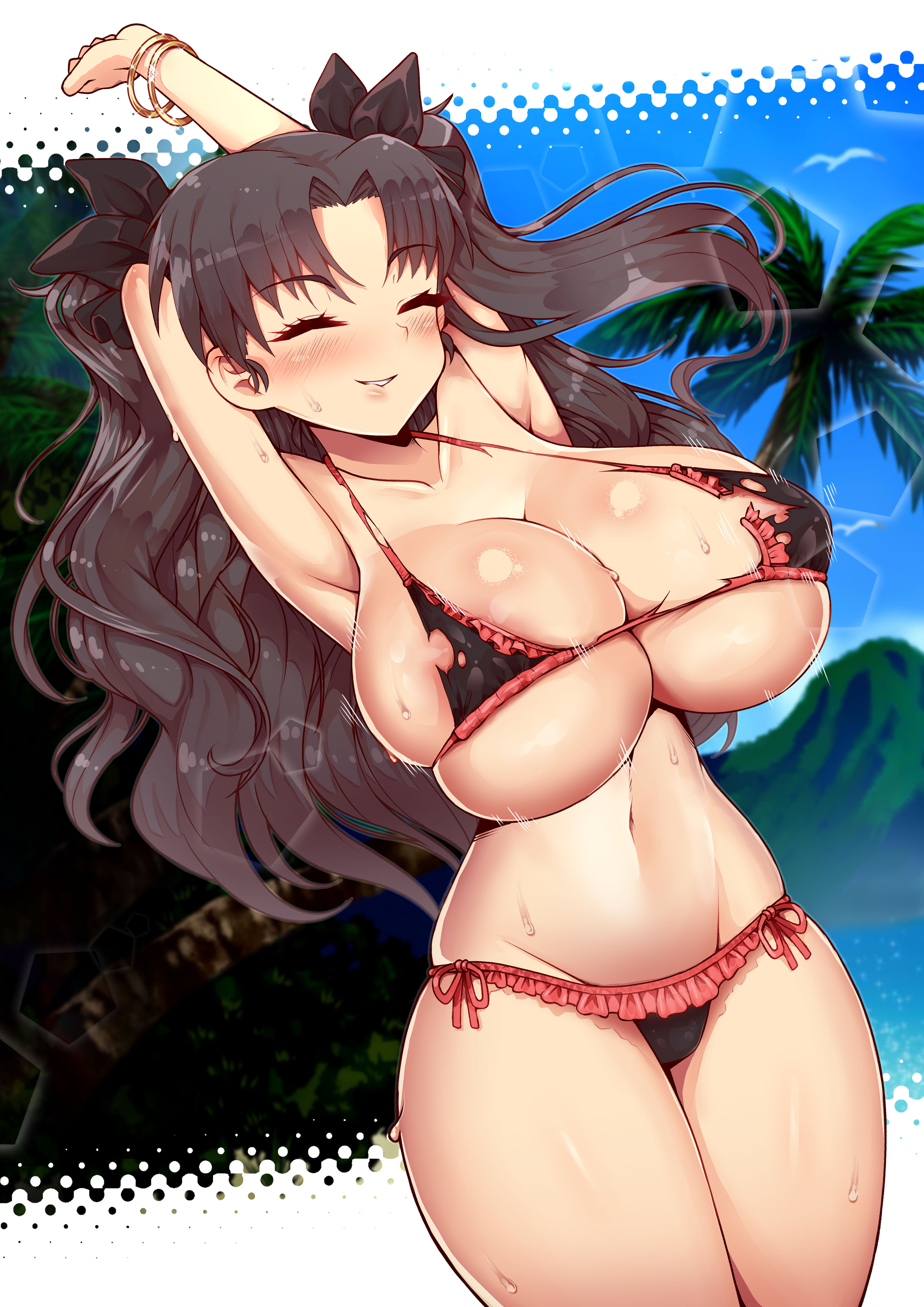 1girls, aqua eyes, armpits, arms up, bare shoulders, beach, belly, belly button, big breasts, bikini, blush, bracelet, breast expansion, breast growth, breast growth (enlargement), breasts, brown hair, cleavage, closed eyes, clothed, clothes, clothing, collarbone, fate (series), fate/stay night, female, female only, hair ornament, highres, hips, huge breasts, human, human only, large breasts, long hair, looking at viewer, navel, solo, solo female, standing, sweat, swimsuit, thick, thick thighs, thighs, tohsaka rin, torn bikini, twintails, very long hair, virus-g, wide hips