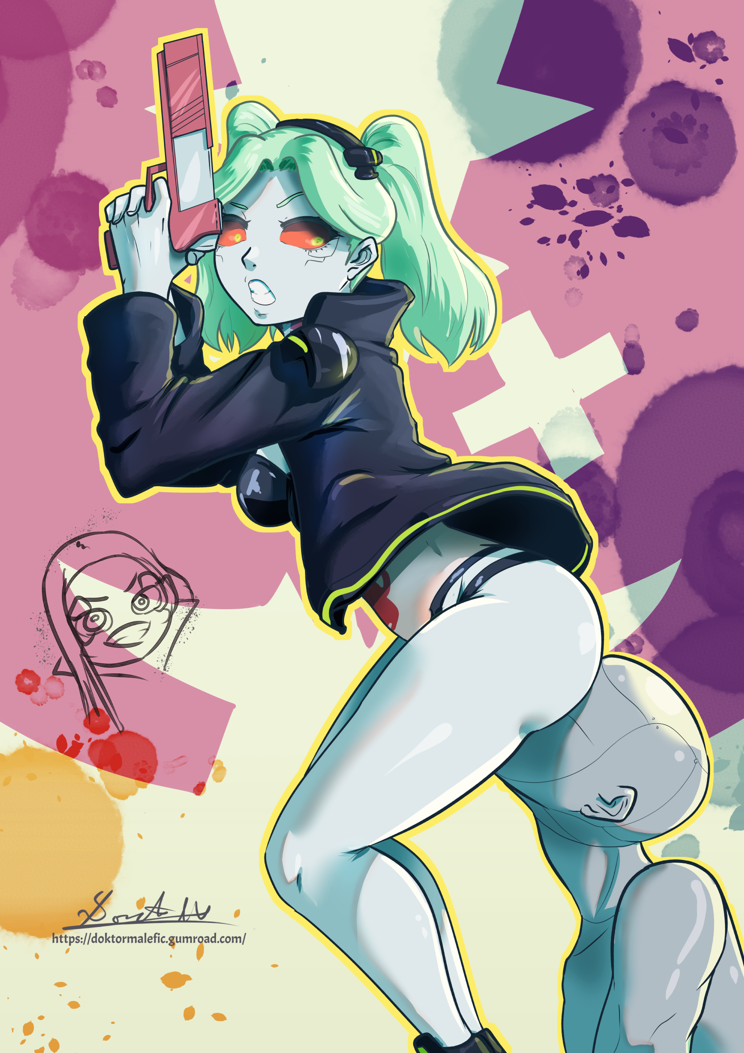 1boy, 1girls, angry, angry face, ass, big ass, big butt, breasts, cunnilingus, cunnilingus through clothes, cyberpunk 2077, cyberpunk: edgerunners, cyborg, doktor malefic, faceless male, facesitting, female, firearm, footwear, glowing, glowing eyes, green eyes, gun, hair, hair ornament, handgun, human, light blue hair, light skin, light-skinned female, looking angry, looking back, male, outerwear, pale skin, ponytail, rebecca (edgerunners), red sclera, small breasts, sole female, straight, studio trigger, weapon