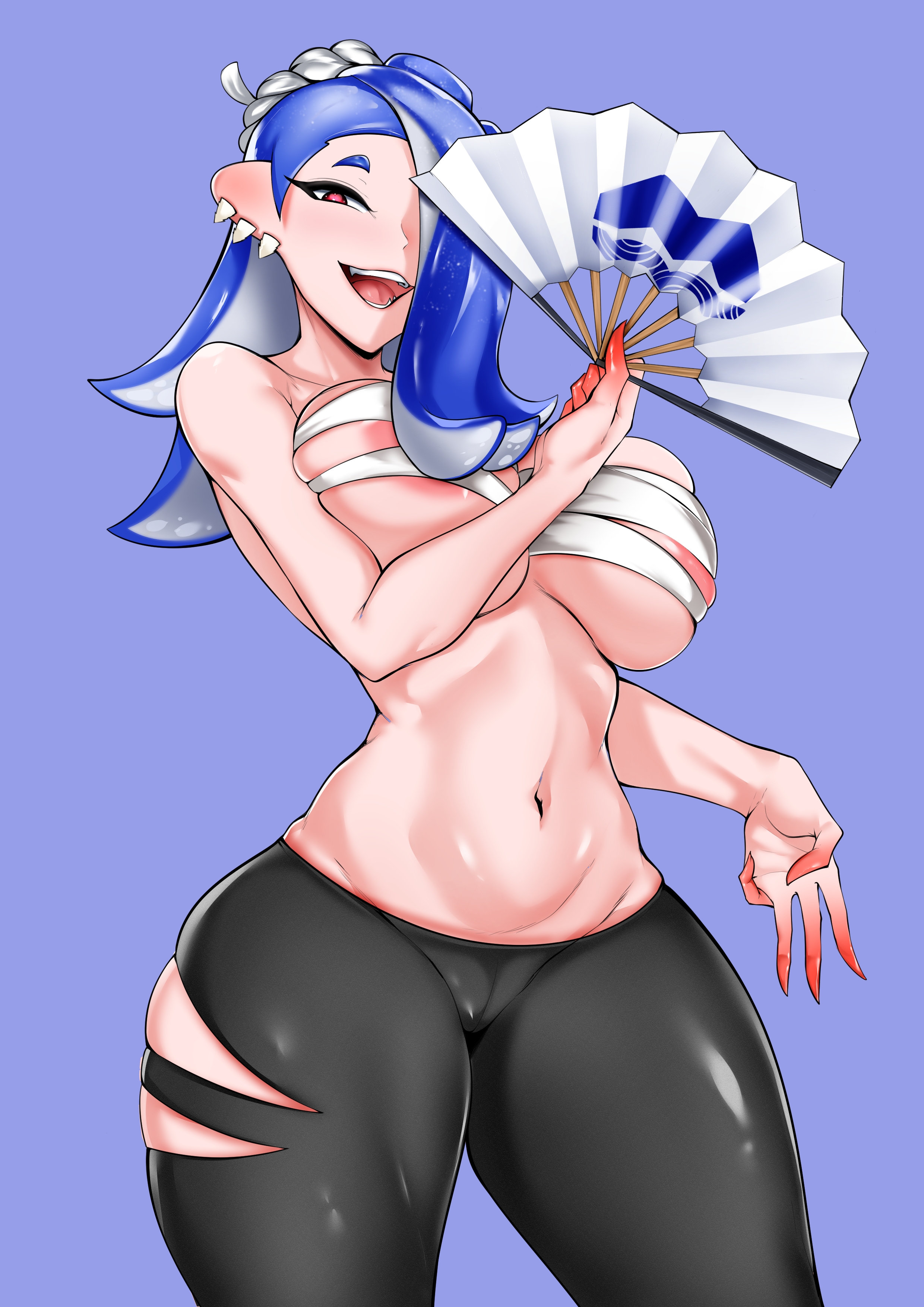 1girls, 2022, alternate breast size, bandaged chest, big breasts, blue hair, breasts, chest wraps, deep cut (splatoon), fan, female, hair over one eye, hi res, hips, holding object, large breasts, light skin, light-skinned female, looking at viewer, medium hair, naughty face, nintendo, octoling, owner (artist), pants, pointy ears, red eyes, sarashi, shiver (splatoon), slim waist, smile, splatoon, splatoon 3, suggestive look, thick thighs, thighs, wide hips