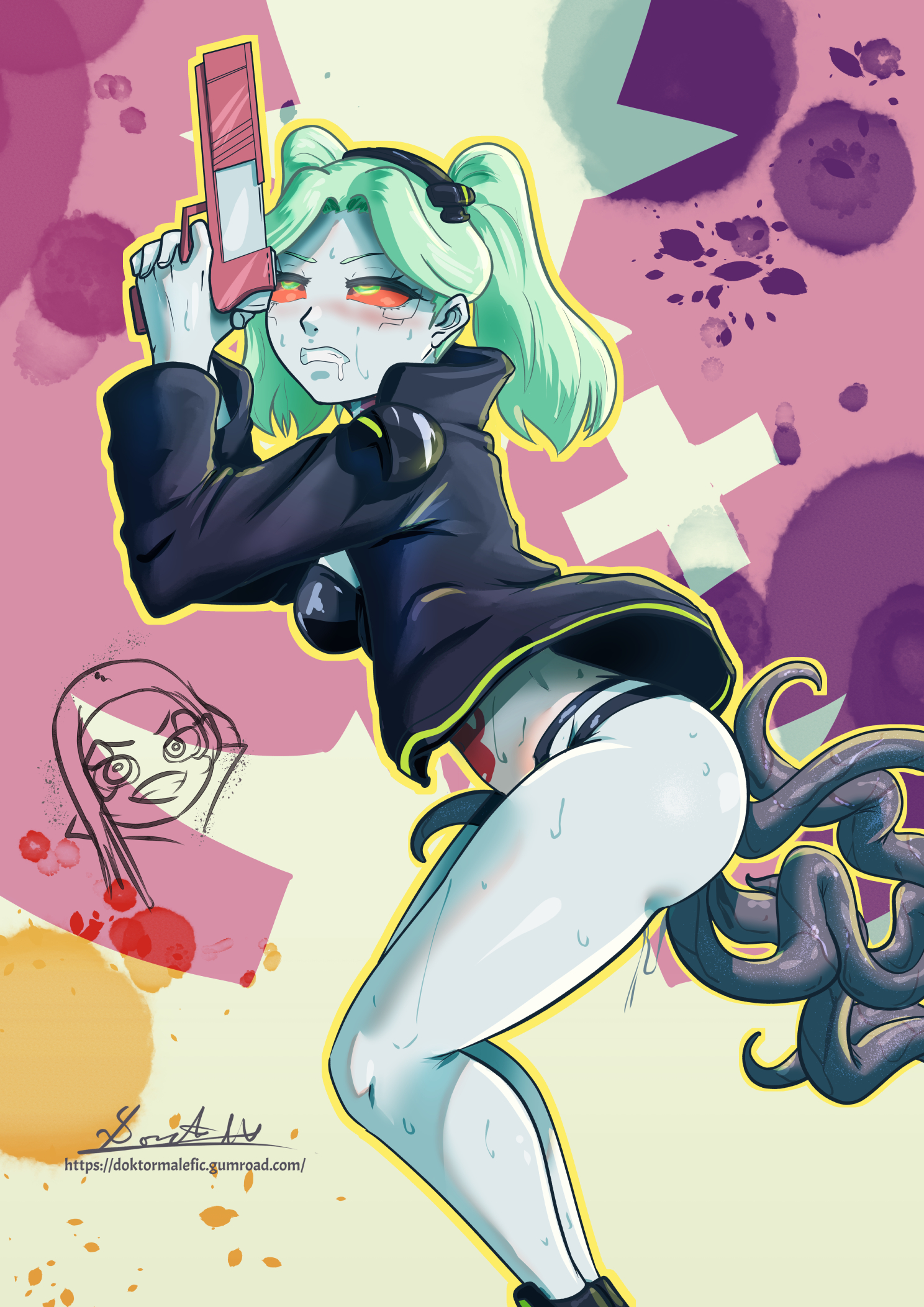 1girls, ass, big ass, big butt, breasts, clenched teeth, cyberpunk 2077, cyberpunk: edgerunners, cyborg, doktor malefic, female, firearm, footwear, glowing, glowing eyes, green eyes, gun, hair, hair ornament, handgun, human, light blue hair, light skin, light-skinned female, looking pleasured, outerwear, pale skin, ponytail, rebecca (edgerunners), red sclera, small breasts, sole female, studio trigger, tentacle, tentacle rape, tentacle sex, weapon