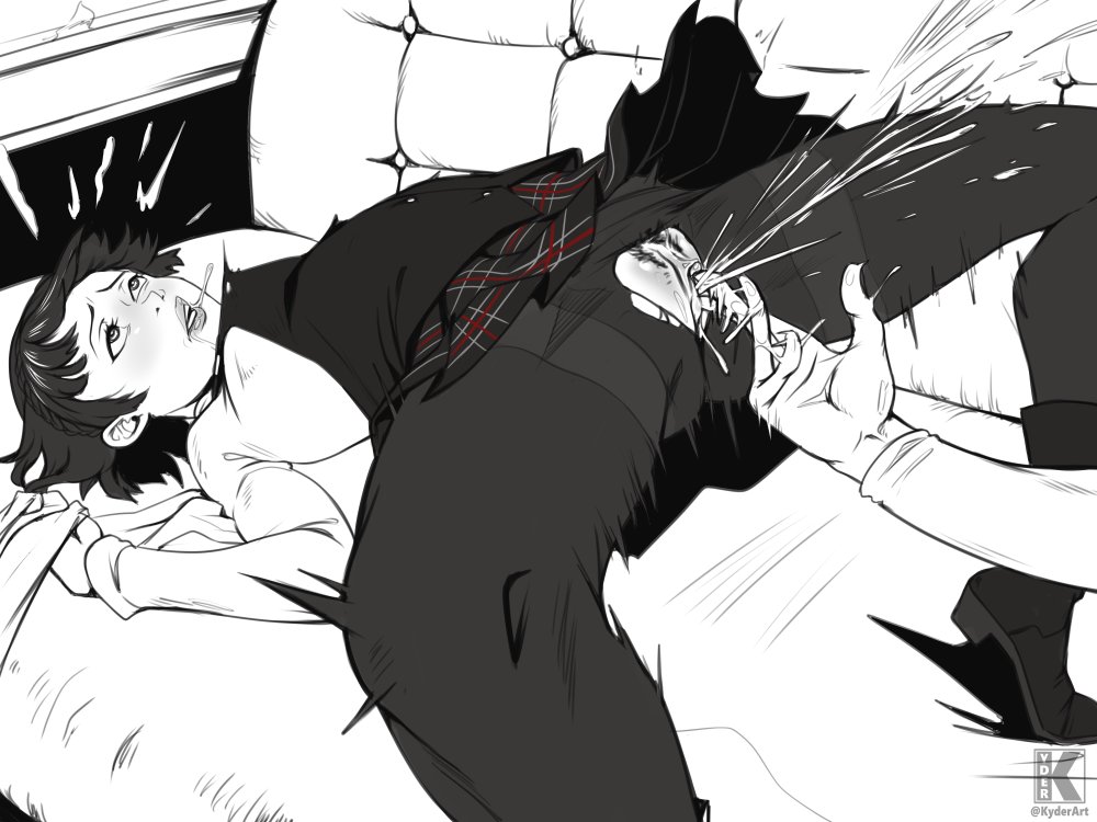 1girls, faceless male, female, fingering, fully clothed, kyder, looking pleasured, makoto niijima, male, on back, on couch, persona, persona 5, pubic hair, school uniform, sheet grab, squirt, squirting, torn pantyhose, uniform
