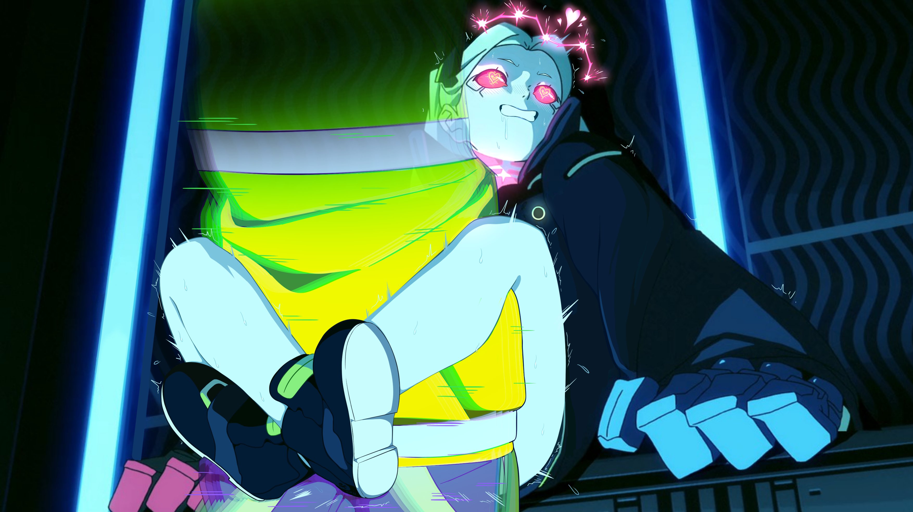 1boy, 1girls, anime, bottomless, cd projekt red, clenched teeth, clothing, cybernetics, cyberpunk 2077, cyberpunk: edgerunners, cyborg, cyngapra, david martinez (edgerunners), feet together, female, footwear, green eyes, heart-shaped pupils, human, leg lock, light blue hair, male, mechanical arms, netflix, no artist signature, no source, nostrils, outerwear, pale skin, pussy, rebecca (edgerunners), red sclera, small ass, small eyebrows, small nose, straight, studio trigger, very small nose
